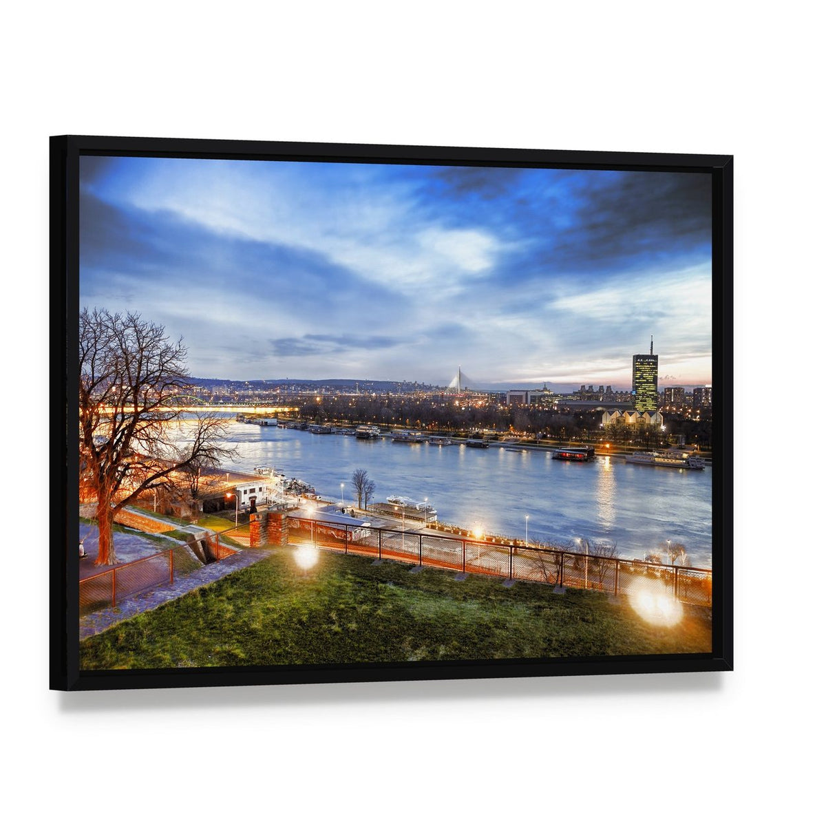 Belgrade Waterfront at Twilight Canvas Wall Art, framed canvas in a black floater frame, angled product view