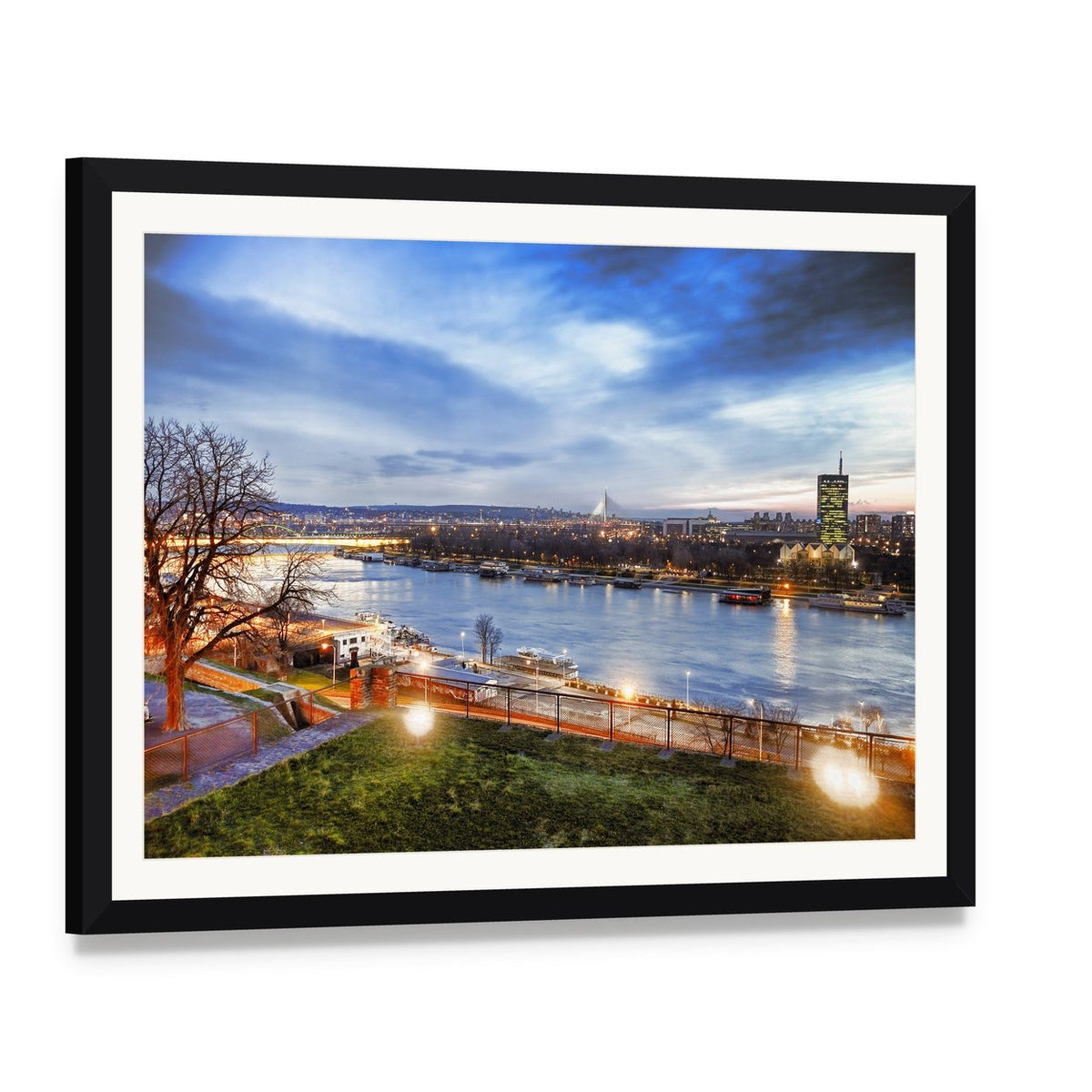 Belgrade Waterfront at Twilight Canvas Wall Art, framed print with white mat and black frame, angled product view