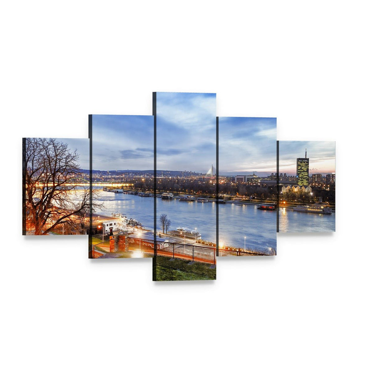 Belgrade Waterfront at Twilight Canvas Wall Art, 5 panel 5 Star layout gallery wrapped canvas set, angled product view