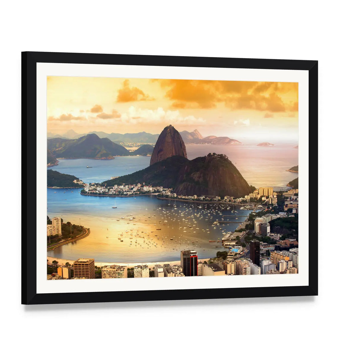 Rio De Janeiro Twilight Over Guanabara Bay Canvas Wall Art, framed print with white mat and black frame, angled product view