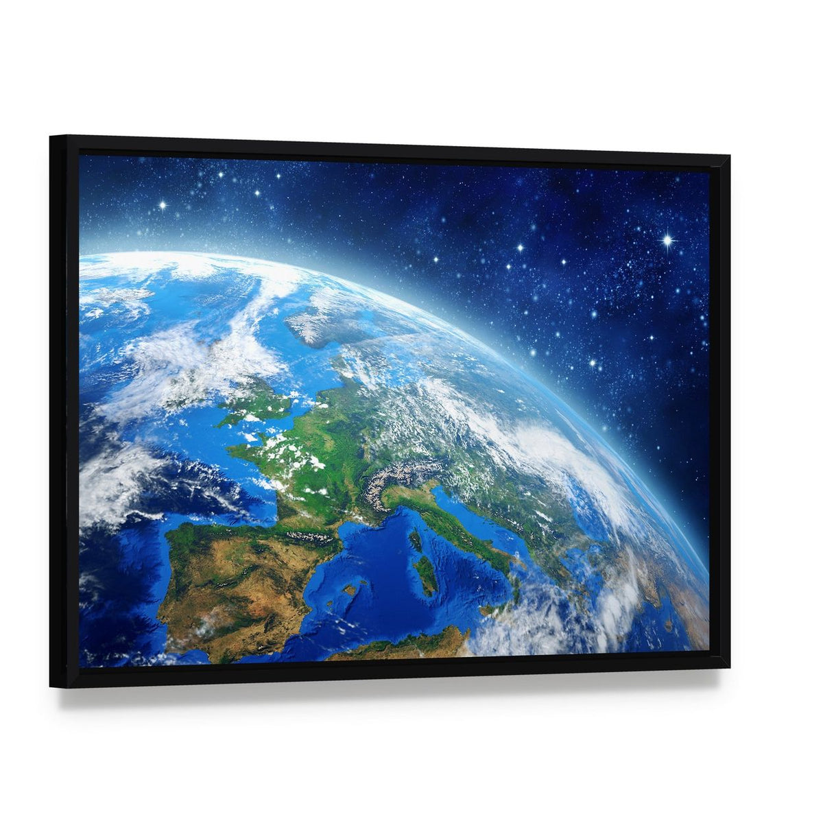 Earth from Space in Daylight Canvas Wall Art, framed canvas in a black floater frame, angled product view