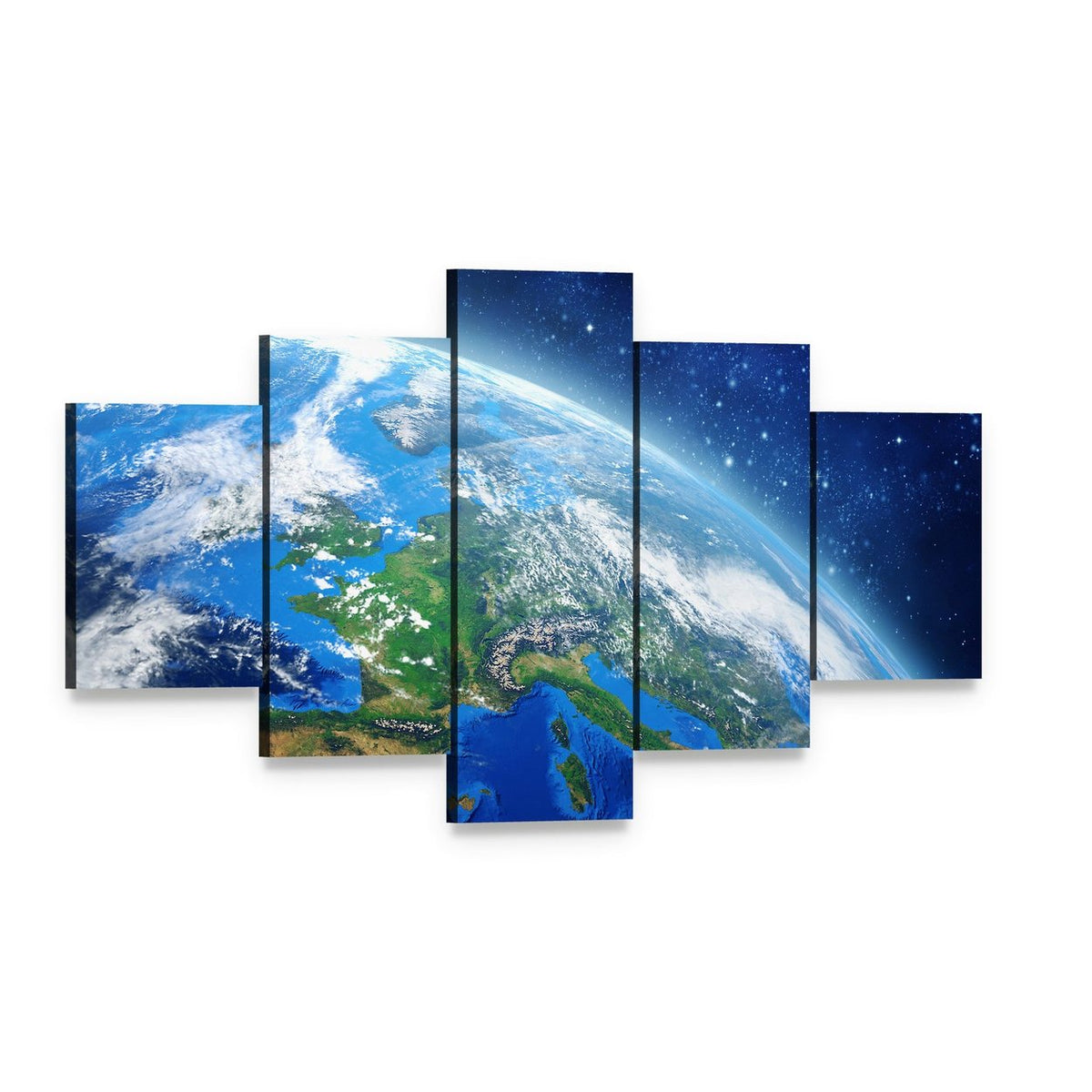Earth from Space in Daylight Canvas Wall Art, 5 panel 5 Star layout gallery wrapped canvas set, angled product view