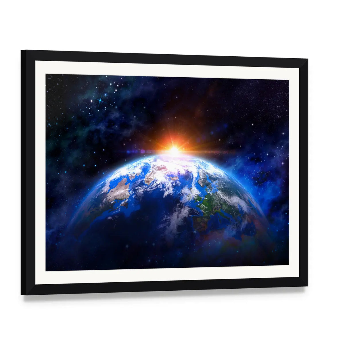 Earth from Space at Sunrise Canvas Wall Art, framed print with white mat and black frame, angled product view