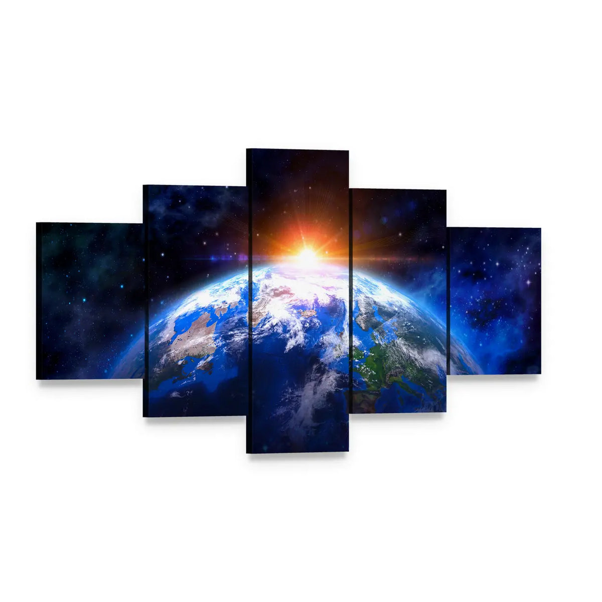 Earth from Space at Sunrise Canvas Wall Art, 5 panel 5 Star layout gallery wrapped canvas set, angled product view
