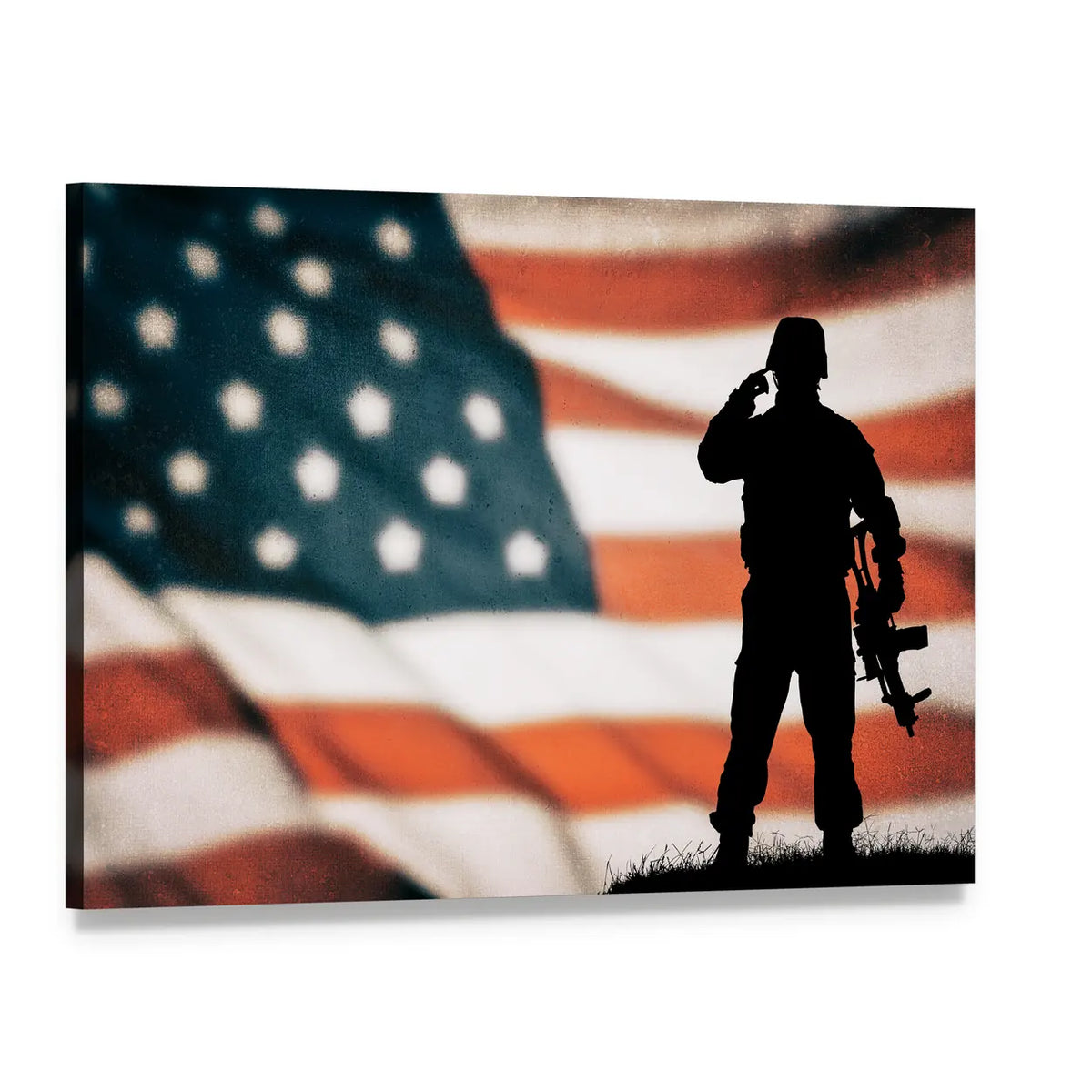 American Soldier Silhouette Canvas Wall Art, single panel gallery wrapped canvas, angled product view