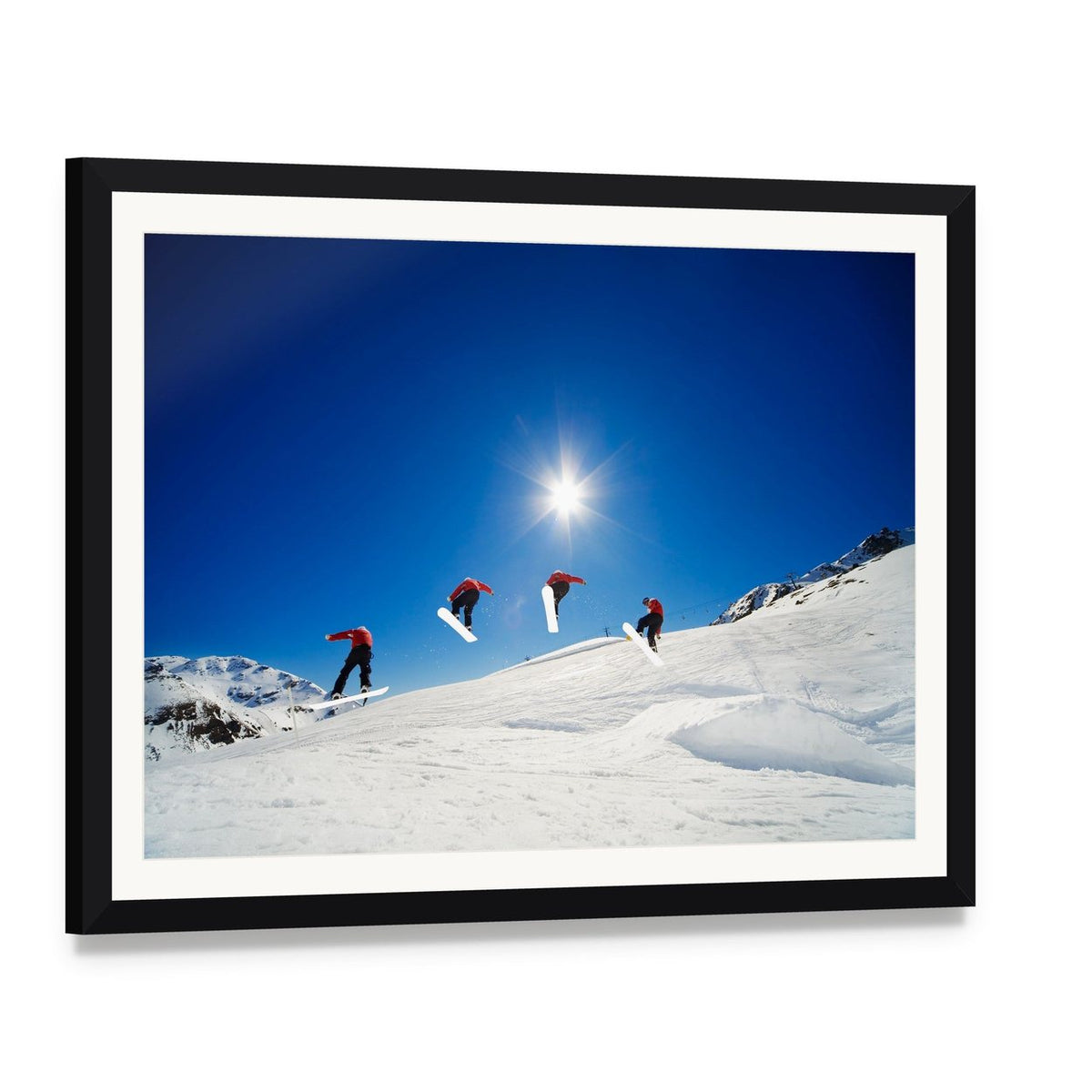 Snowboarder Sequence Jump Canvas Wall Art, framed print with white mat and black frame, angled product view
