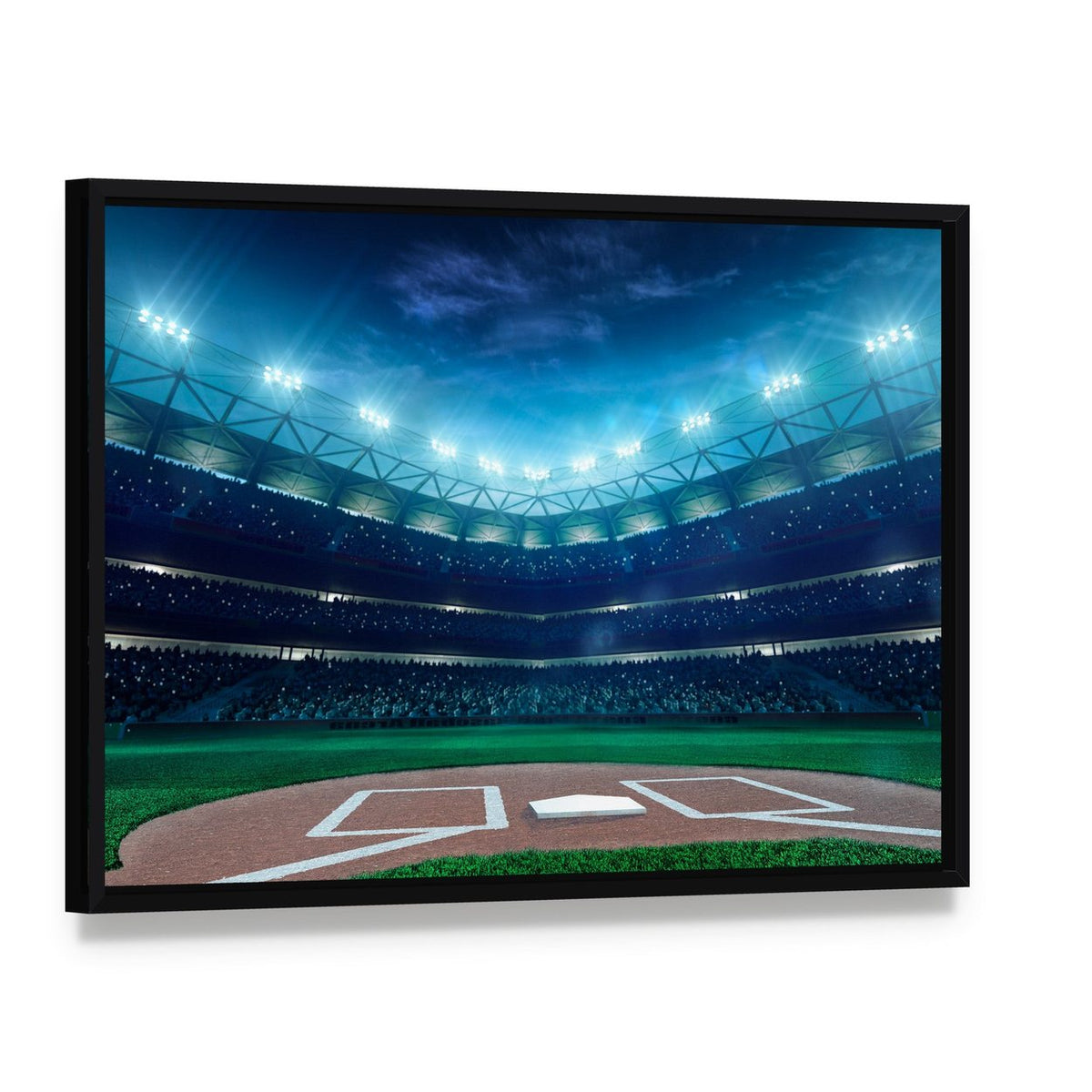 Baseball Grand Arena at Night Canvas Wall Art, framed canvas in a black floater frame, angled product view