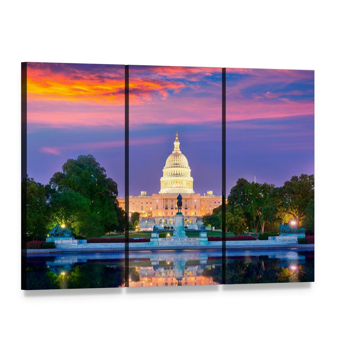 Us Capitol Reflection at Sunset, Washington Dc Canvas Wall Art, 3 panel 3 Horizontal layout gallery wrapped canvas set, angled product view