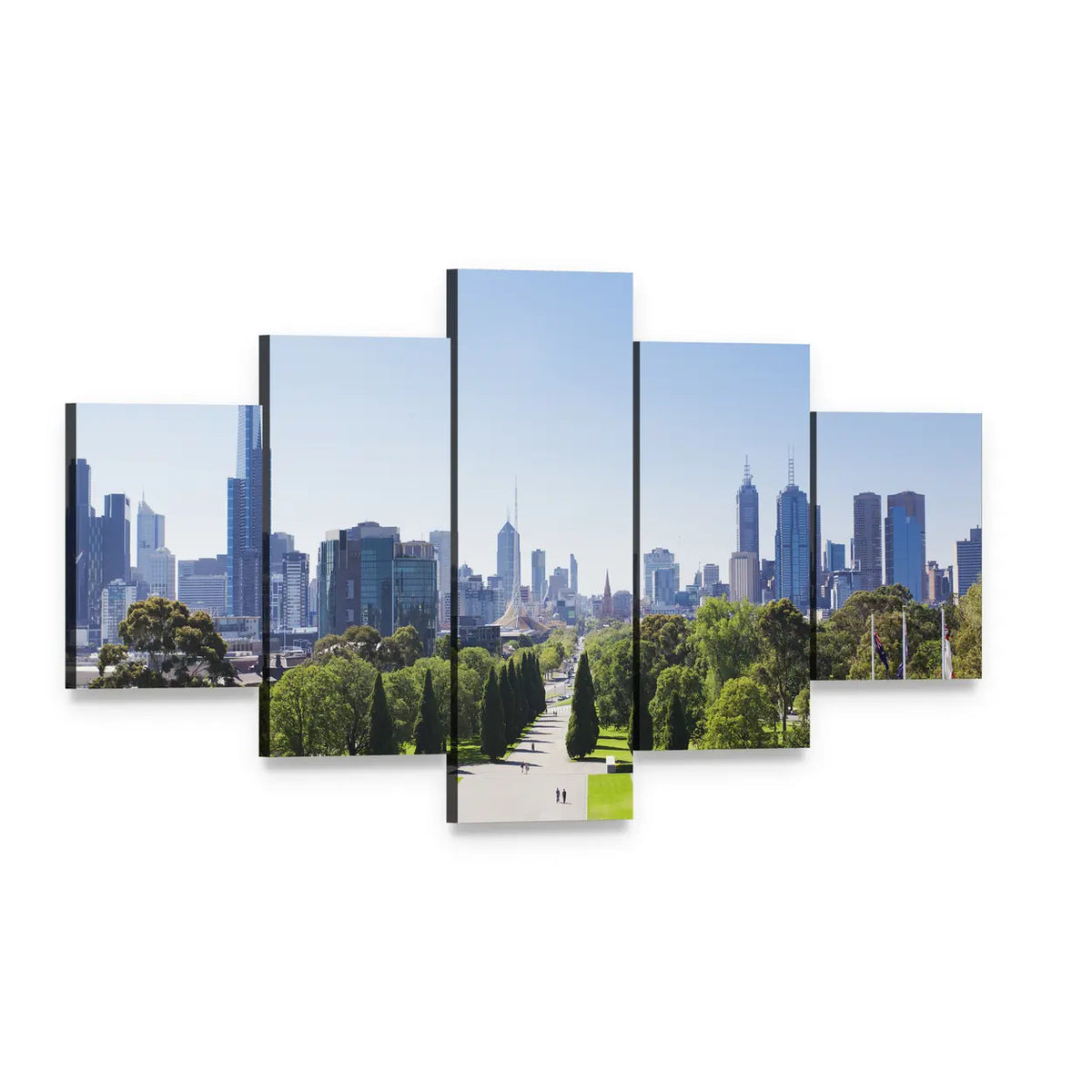 City Skyline with Park Path Canvas Wall Art, 5 panel 5 Star layout gallery wrapped canvas set, angled product view