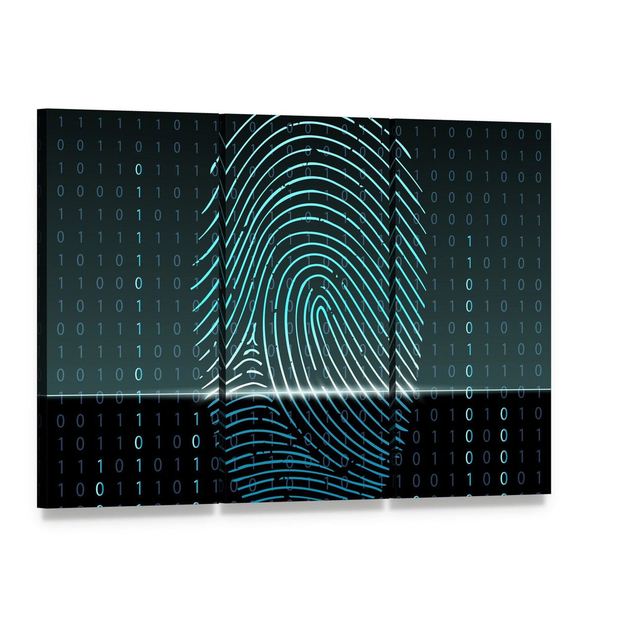 Glowing Blue Fingerprint with Binary Code Canvas Wall Art, 3 panel 3 Horizontal layout gallery wrapped canvas set, angled product view