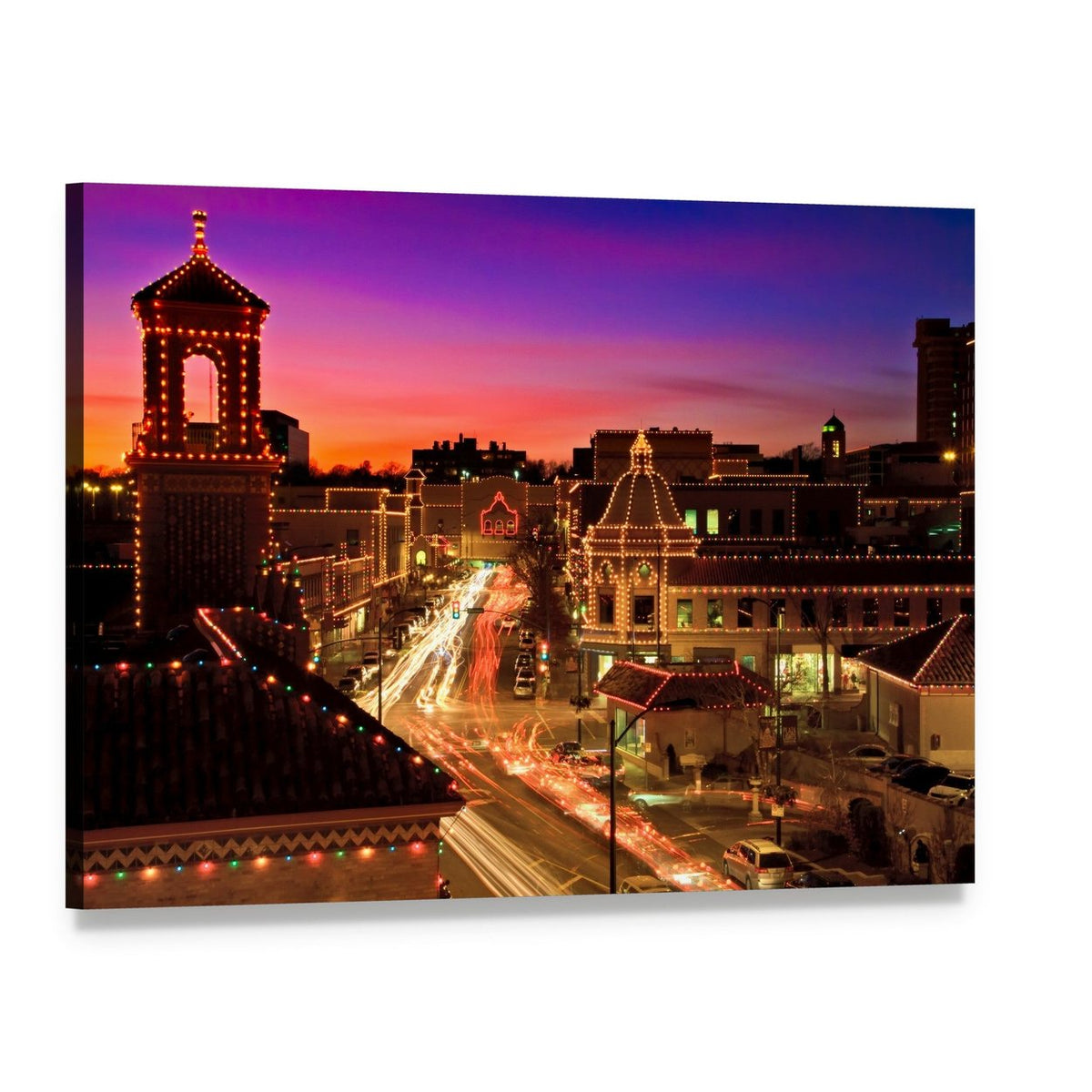 Kansas City Plaza Christmas Lights Canvas Wall Art, single panel gallery wrapped canvas, angled product view
