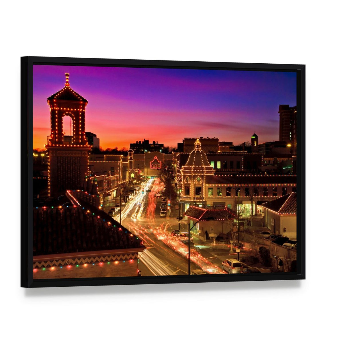 Kansas City Plaza Christmas Lights Canvas Wall Art, framed canvas in a black floater frame, angled product view