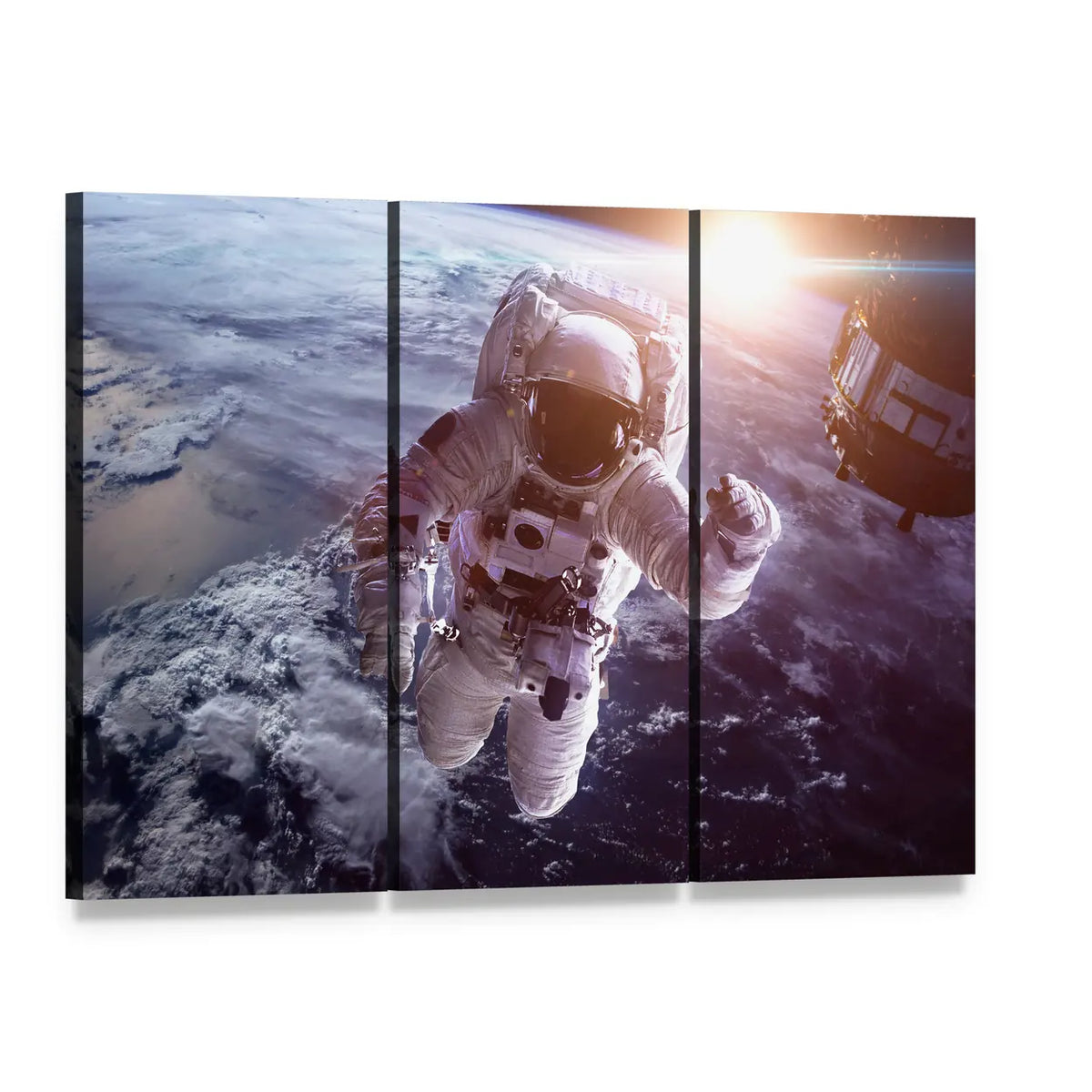 Astronaut Above the Earth Canvas Wall Art, 3 panel 3 Horizontal layout gallery wrapped canvas set, angled product view