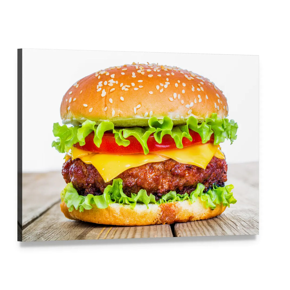 Tasty Cheeseburger Close-up Canvas Wall Art, single panel gallery wrapped canvas, angled product view
