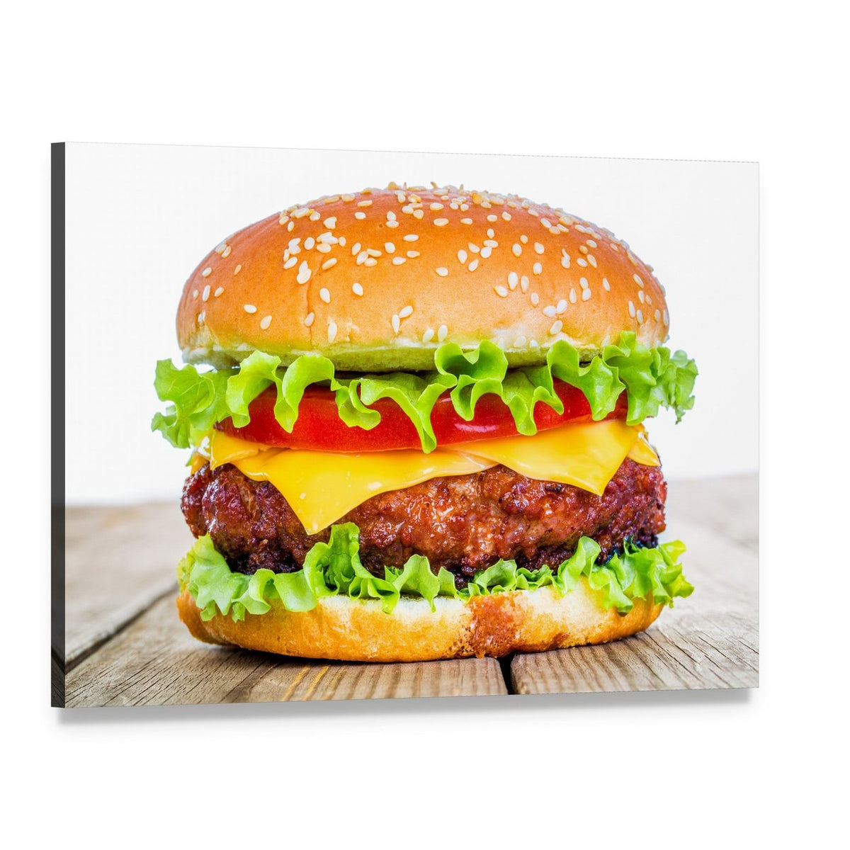 Cheeseburger Close-up Canvas Wall Art, single panel gallery wrapped canvas, angled product view