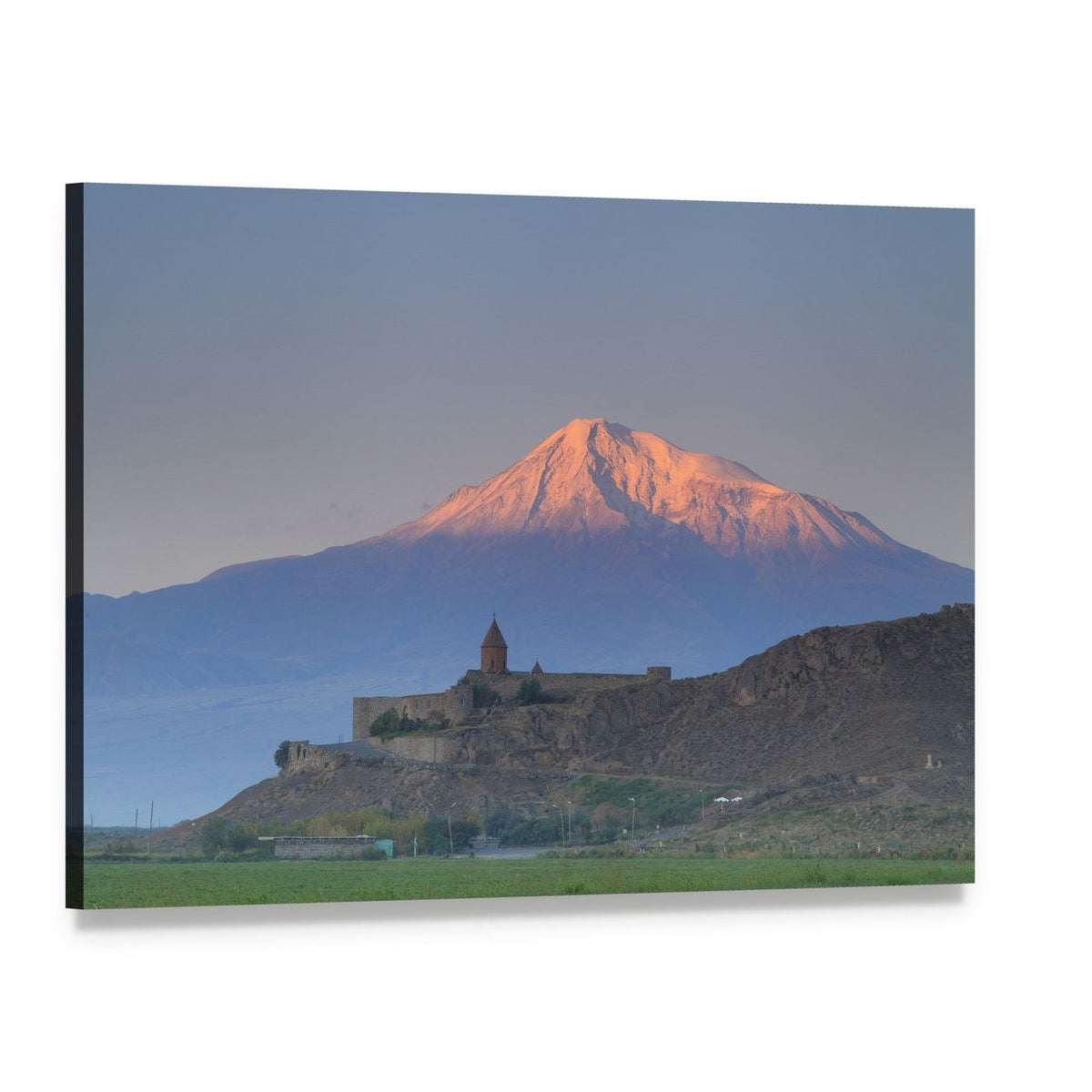 Khor Virap Church on Hill with Snow-capped Mountain Canvas Wall Art, single panel gallery wrapped canvas, angled product view