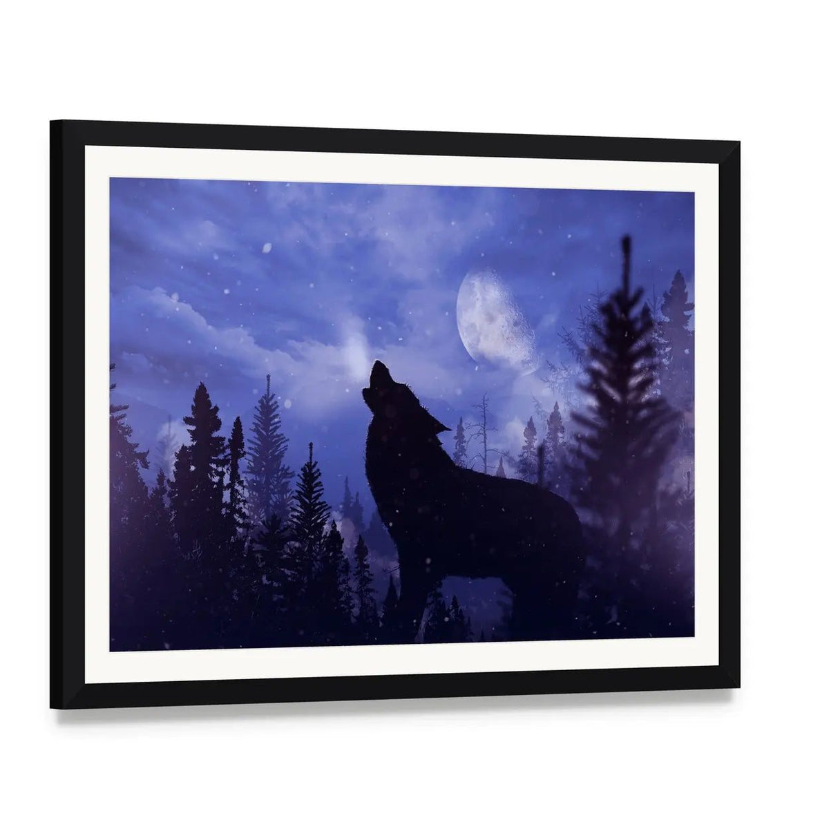 Howling Wolf in Moonlit Forest Canvas Wall Art, framed print with white mat and black frame, angled product view