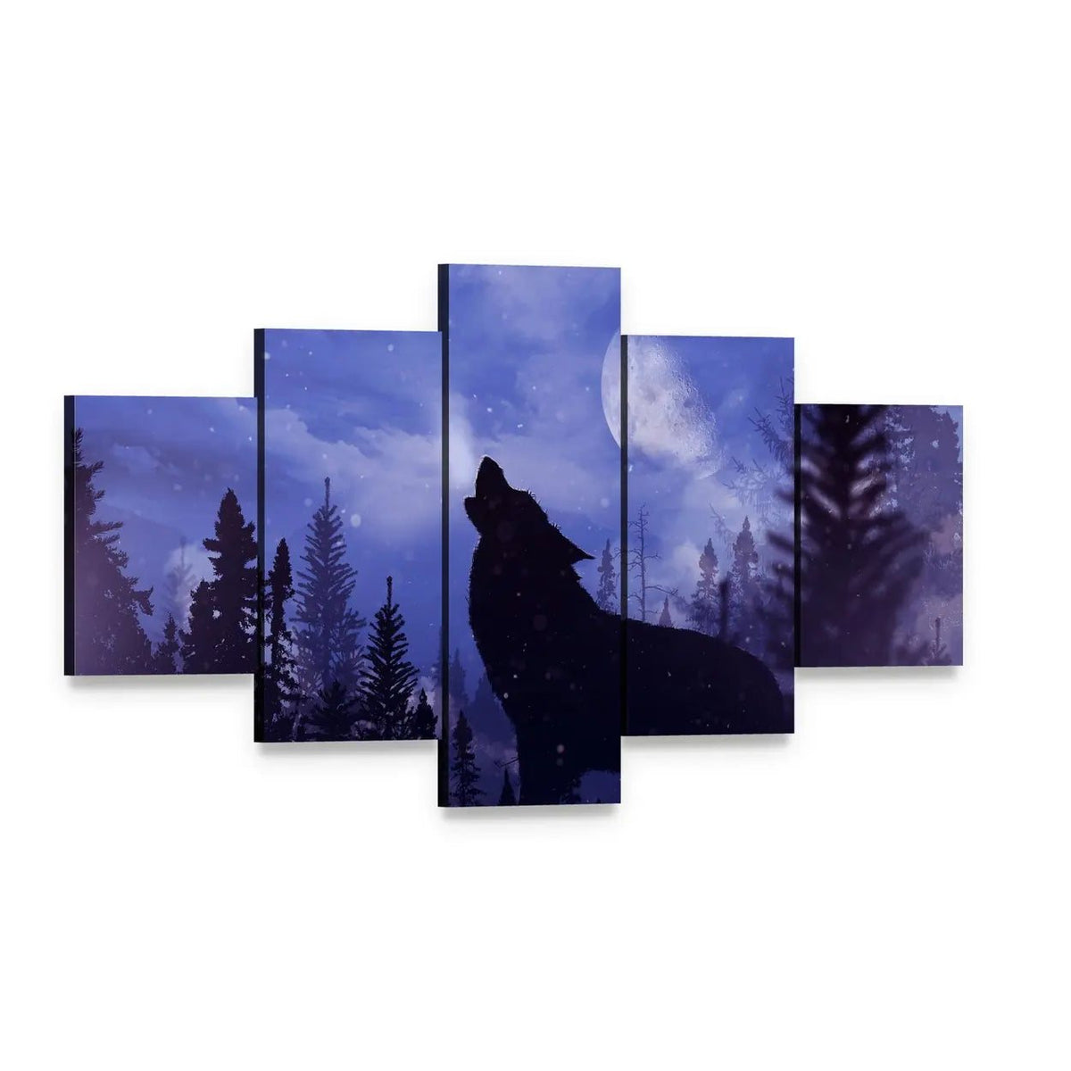 Howling Wolf in Moonlit Forest Canvas Wall Art, 5 panel 5 Star layout gallery wrapped canvas set, angled product view