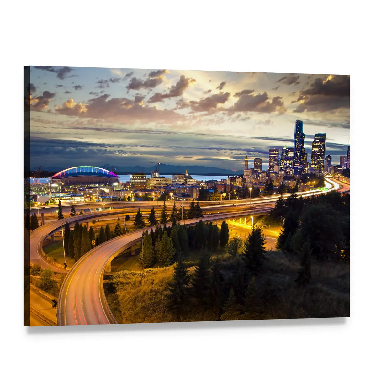 Seattle Night Skyline Canvas Wall Art, single panel gallery wrapped canvas, angled product view