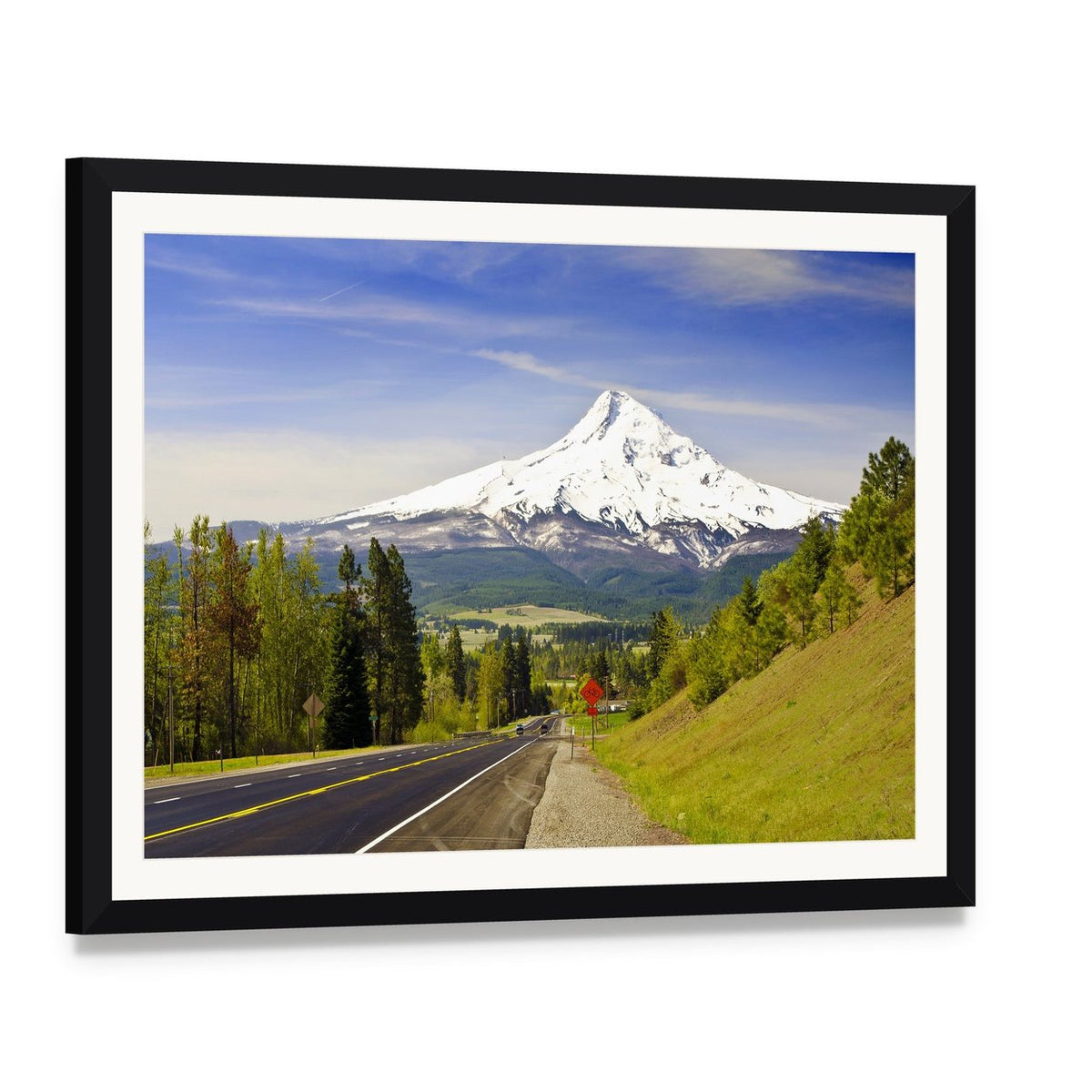 Mt Hood from Hood River Canvas Wall Art, framed print with white mat and black frame, angled product view