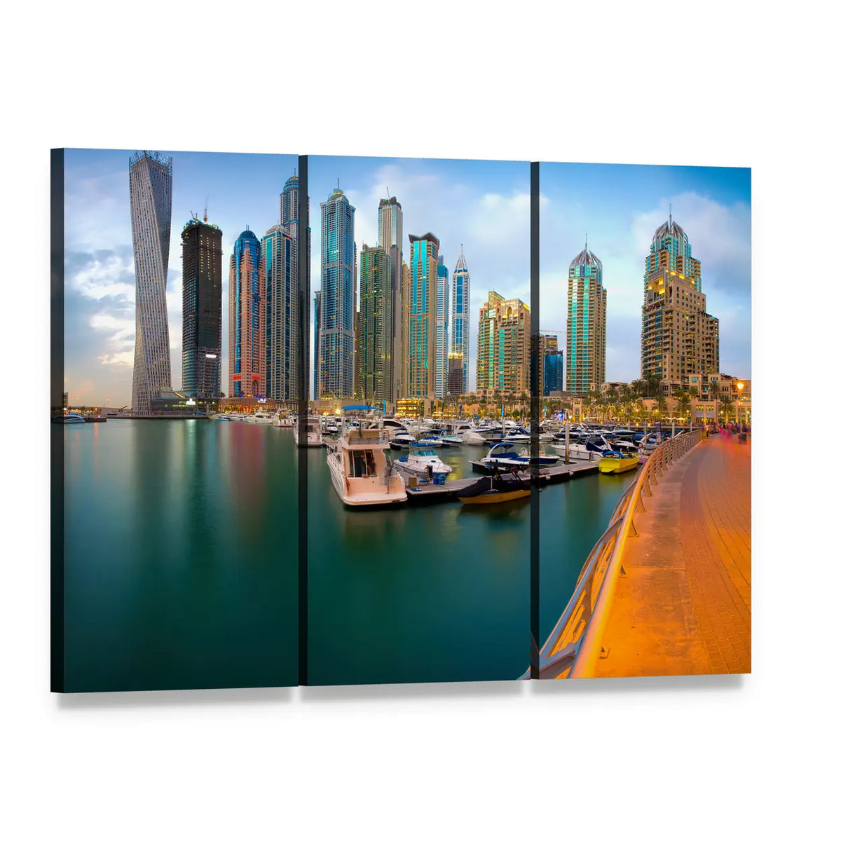 Dubai Marina Skyline Canvas Wall Art, 3 panel 3 Horizontal layout gallery wrapped canvas set, angled product view