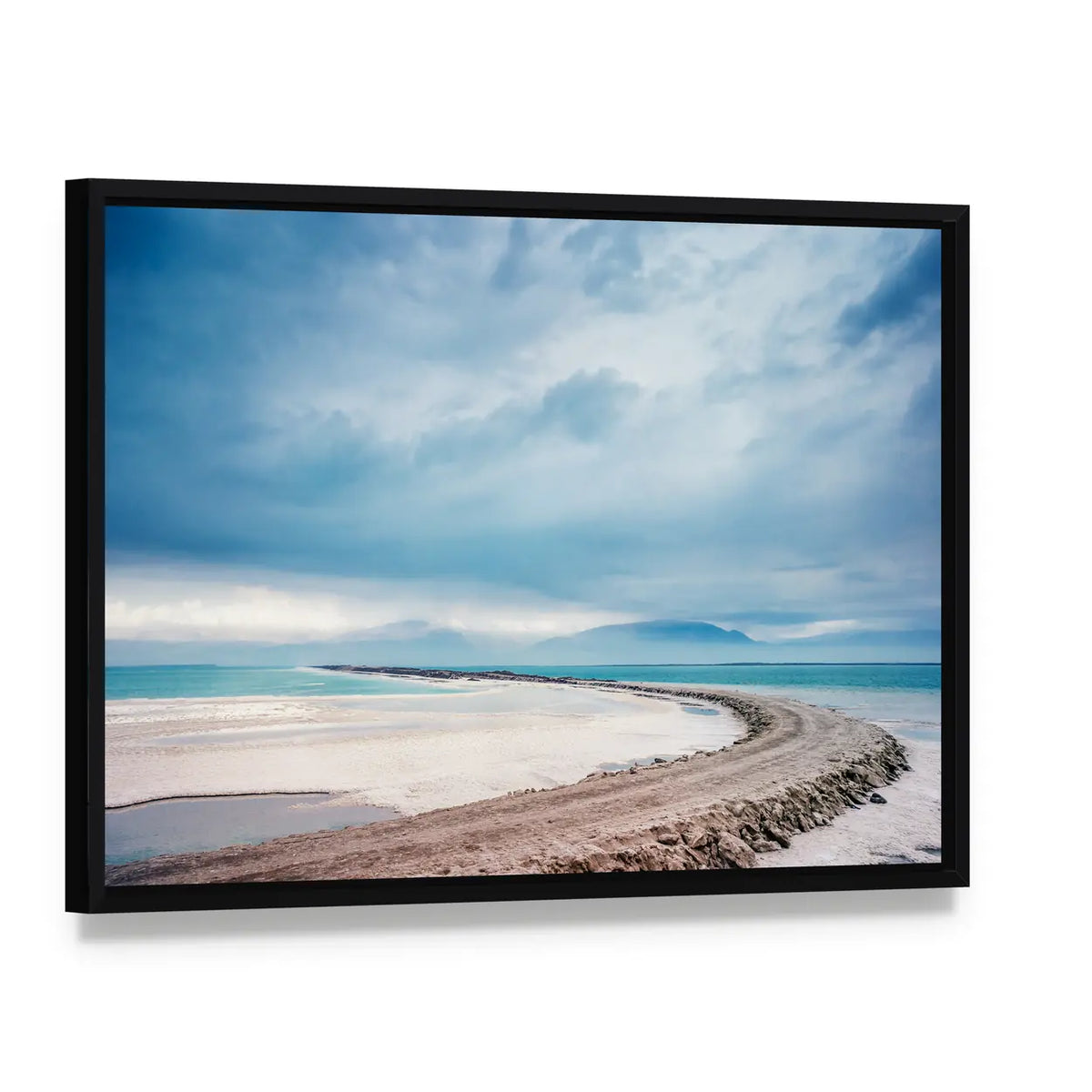 Dead Sea Coastline with Jordan Mountains Canvas Wall Art, framed canvas in a black floater frame, angled product view