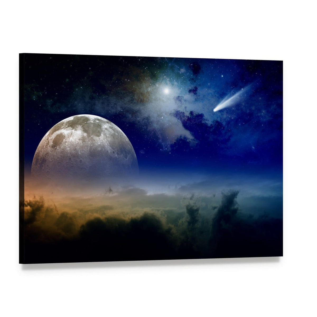 Comet in Dark Blue Sky Canvas Wall Art, single panel gallery wrapped canvas, angled product view