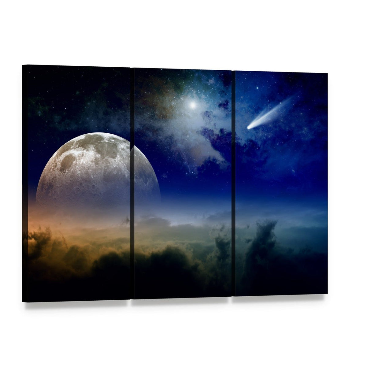 Comet in Dark Blue Sky Canvas Wall Art, 3 panel 3 Horizontal layout gallery wrapped canvas set, angled product view