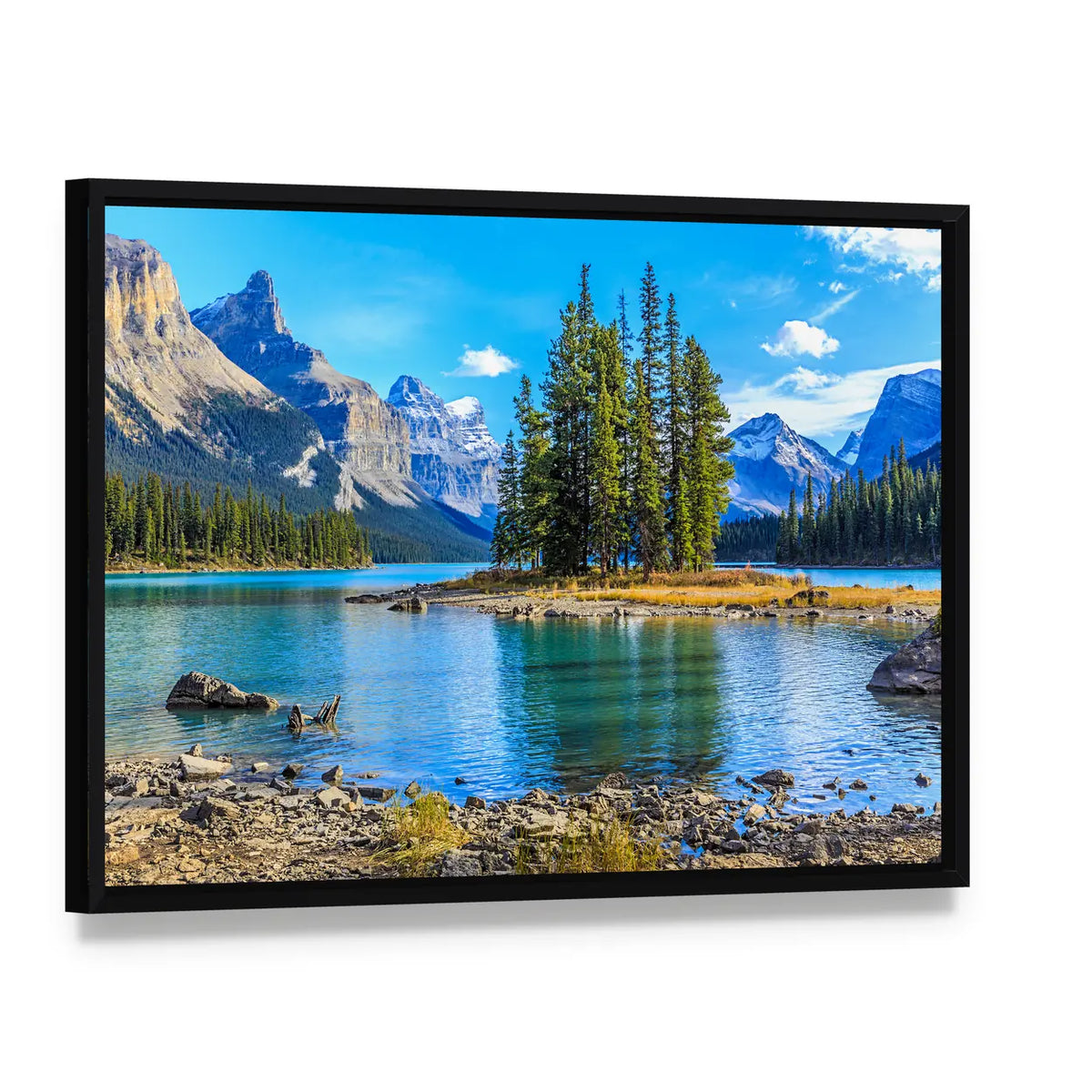 Spirit Island at Maligne Lake Canvas Wall Art, framed canvas in a black floater frame, angled product view
