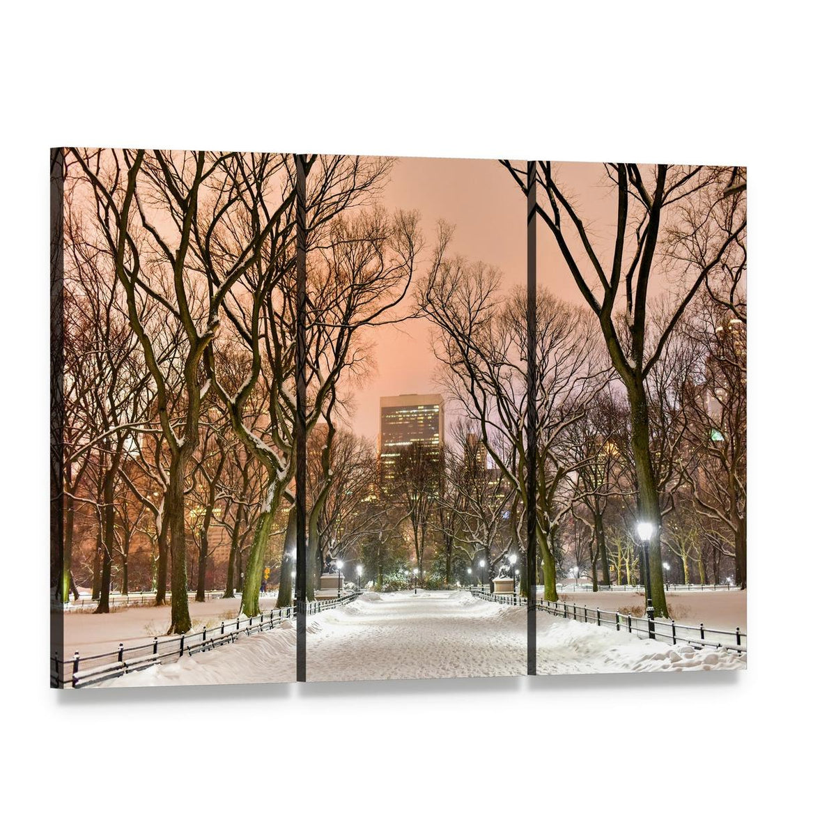 Snowy Central Park Path at Night Canvas Wall Art, 3 panel 3 Horizontal layout gallery wrapped canvas set, angled product view