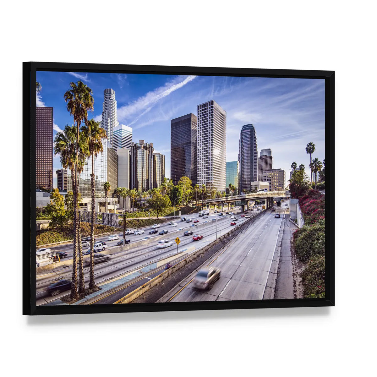Downtown Los Angeles Highway and Skyline Canvas Wall Art, framed canvas in a black floater frame, angled product view