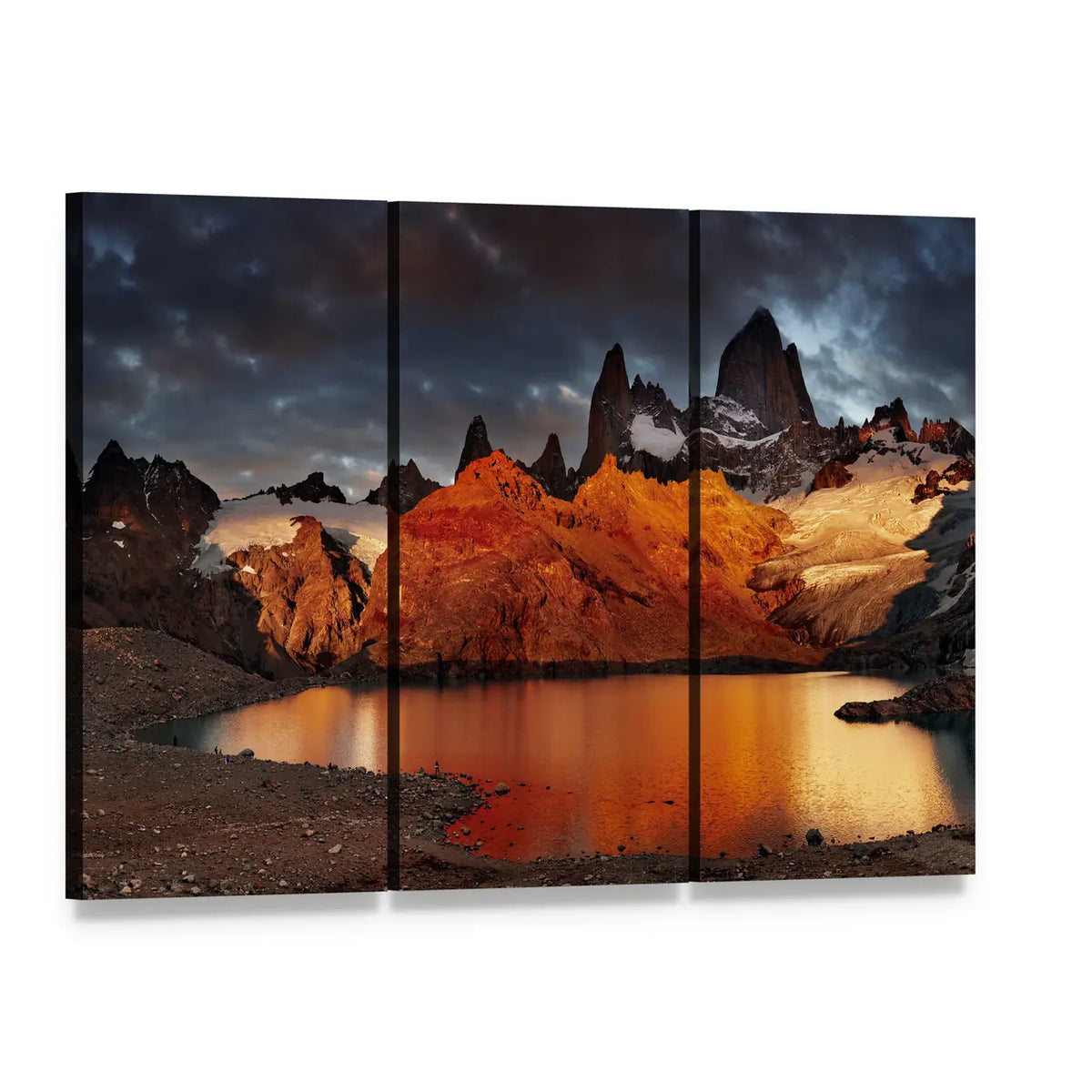 Sunrise Over Laguna De Los Tres and Mount Fitz Roy Canvas Wall Art, 3 panel 3 Horizontal layout gallery wrapped canvas set, angled product view