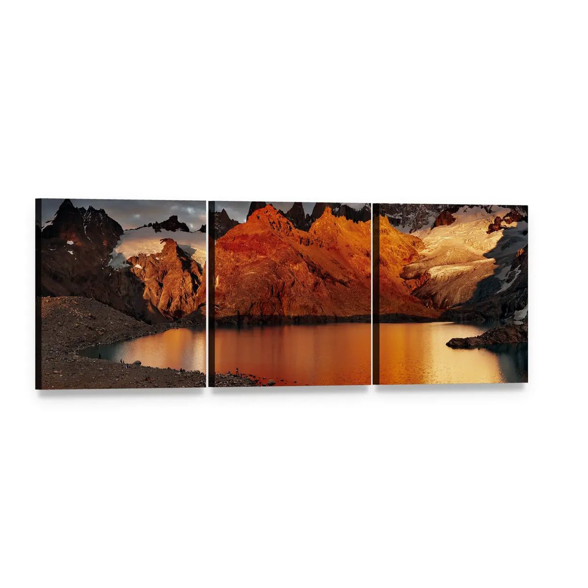 Mount Fitz Roy at Sunrise Panoramic Canvas Wall Art, 3 panel 3 Piece layout gallery wrapped canvas set, angled product view