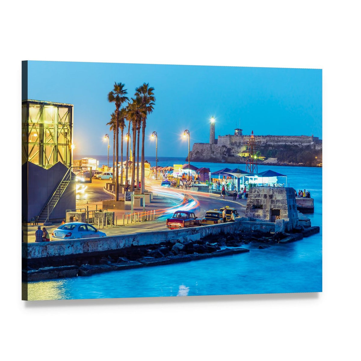Night in Old Havana with Lively Waterfront Canvas Wall Art, single panel gallery wrapped canvas, angled product view