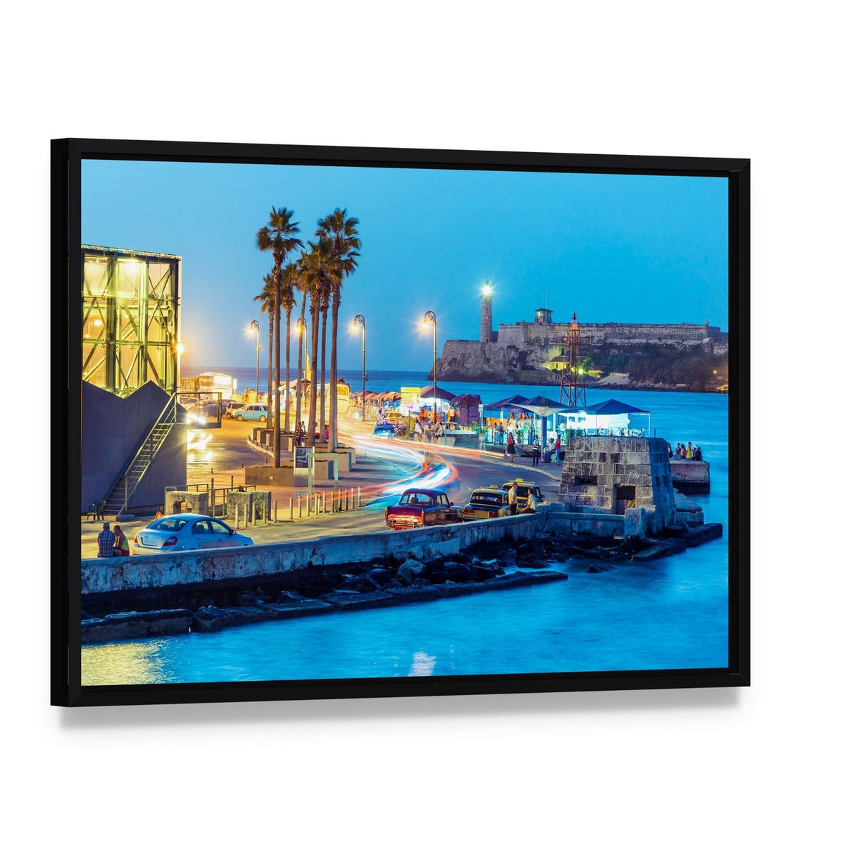 Night in Old Havana with Lively Waterfront Canvas Wall Art, framed canvas in a black floater frame, angled product view