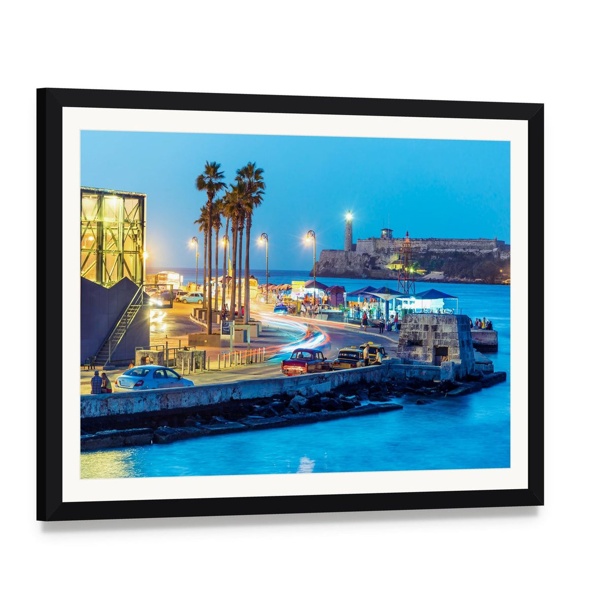 Night in Old Havana with Lively Waterfront Canvas Wall Art, framed print with white mat and black frame, angled product view