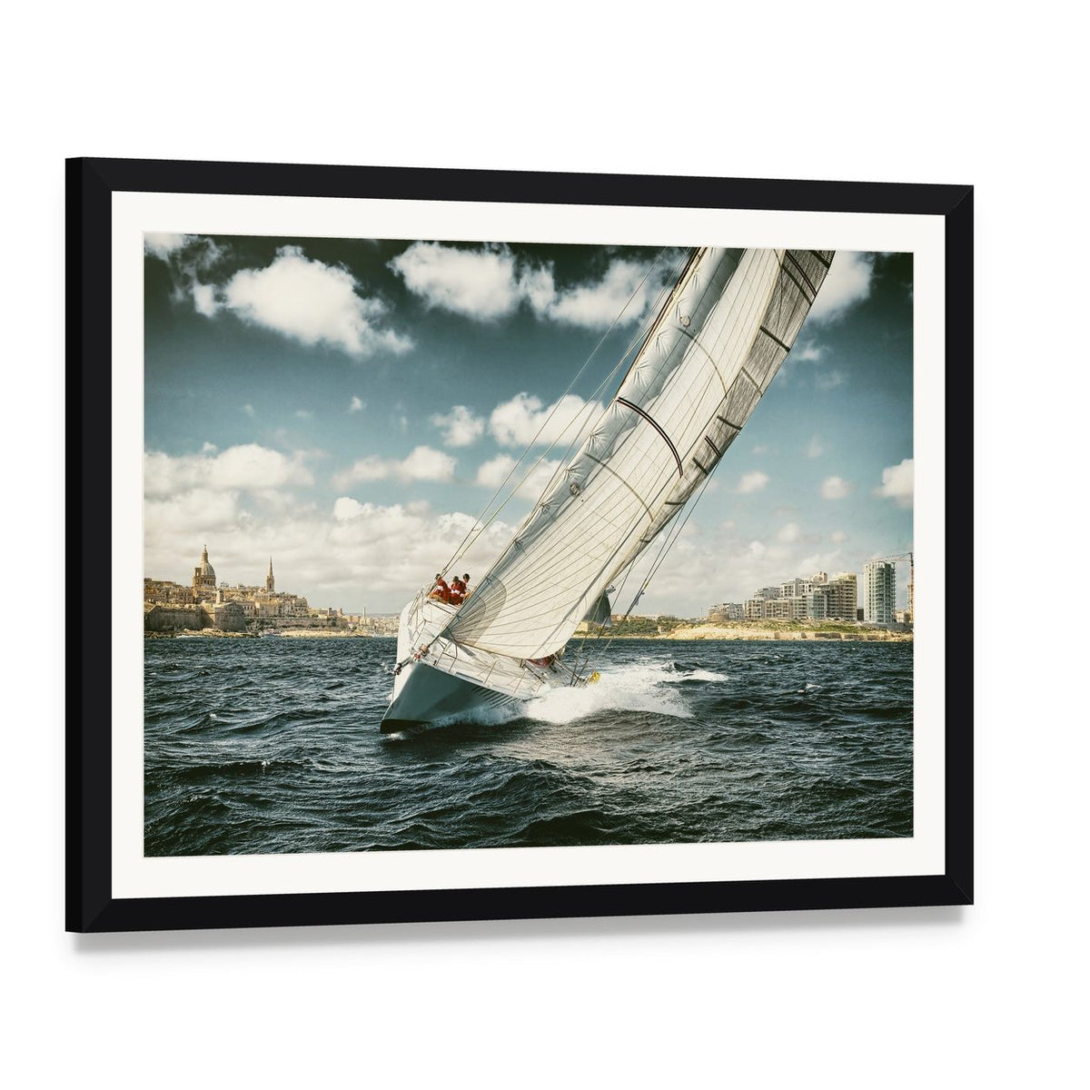 Yacht Illustration in Coastal Area Canvas Wall Art, framed print with white mat and black frame, angled product view
