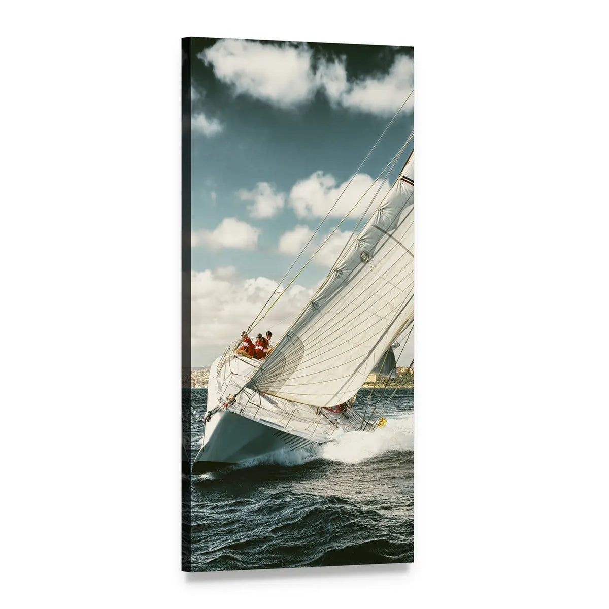 Sailboat Illustration with Crew and Taut Sails Vertical Canvas Wall Art, 1 panel 1 Vertical layout gallery wrapped canvas set, angled product view