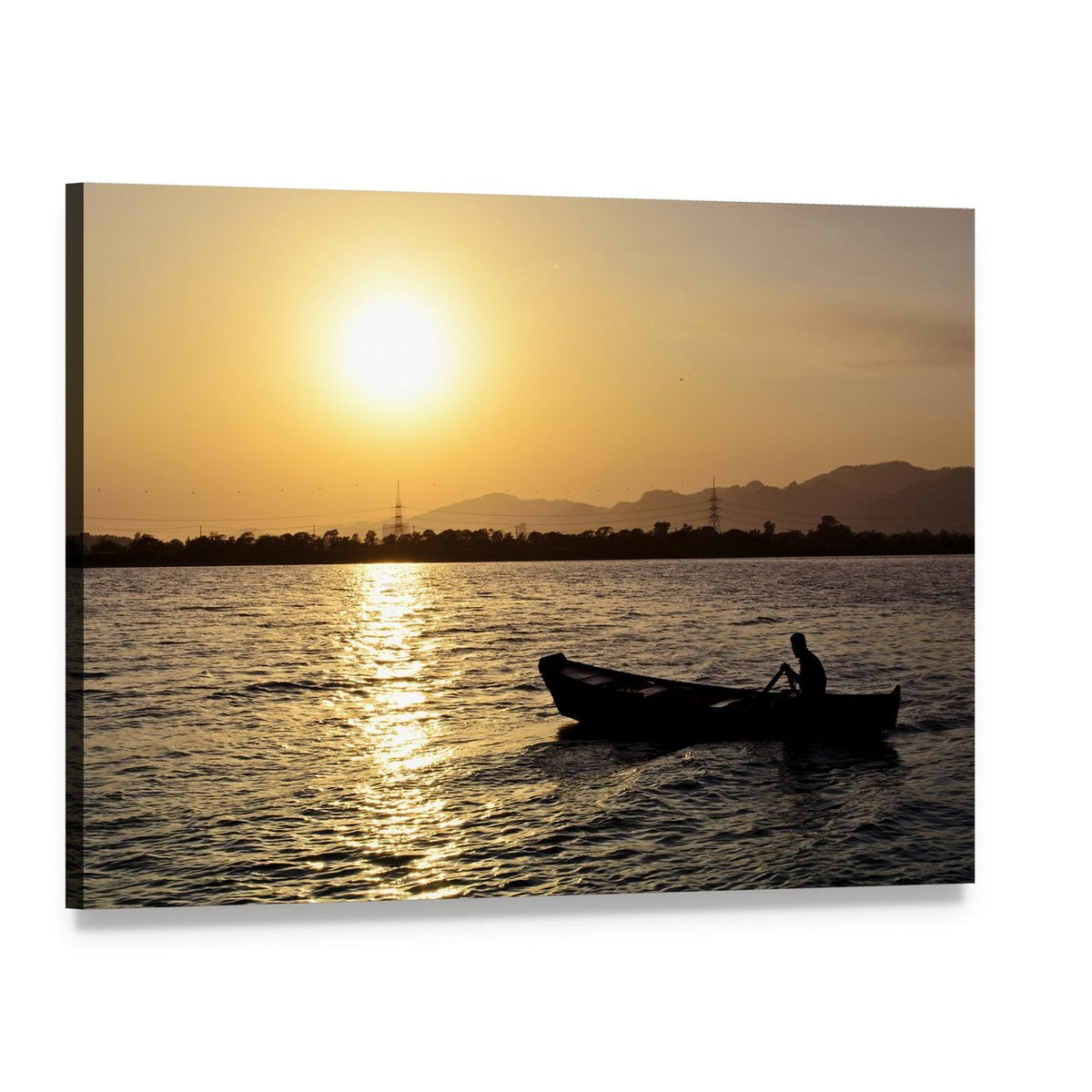 Silhouette of a Boater at Sunset Canvas Wall Art, single panel gallery wrapped canvas, angled product view