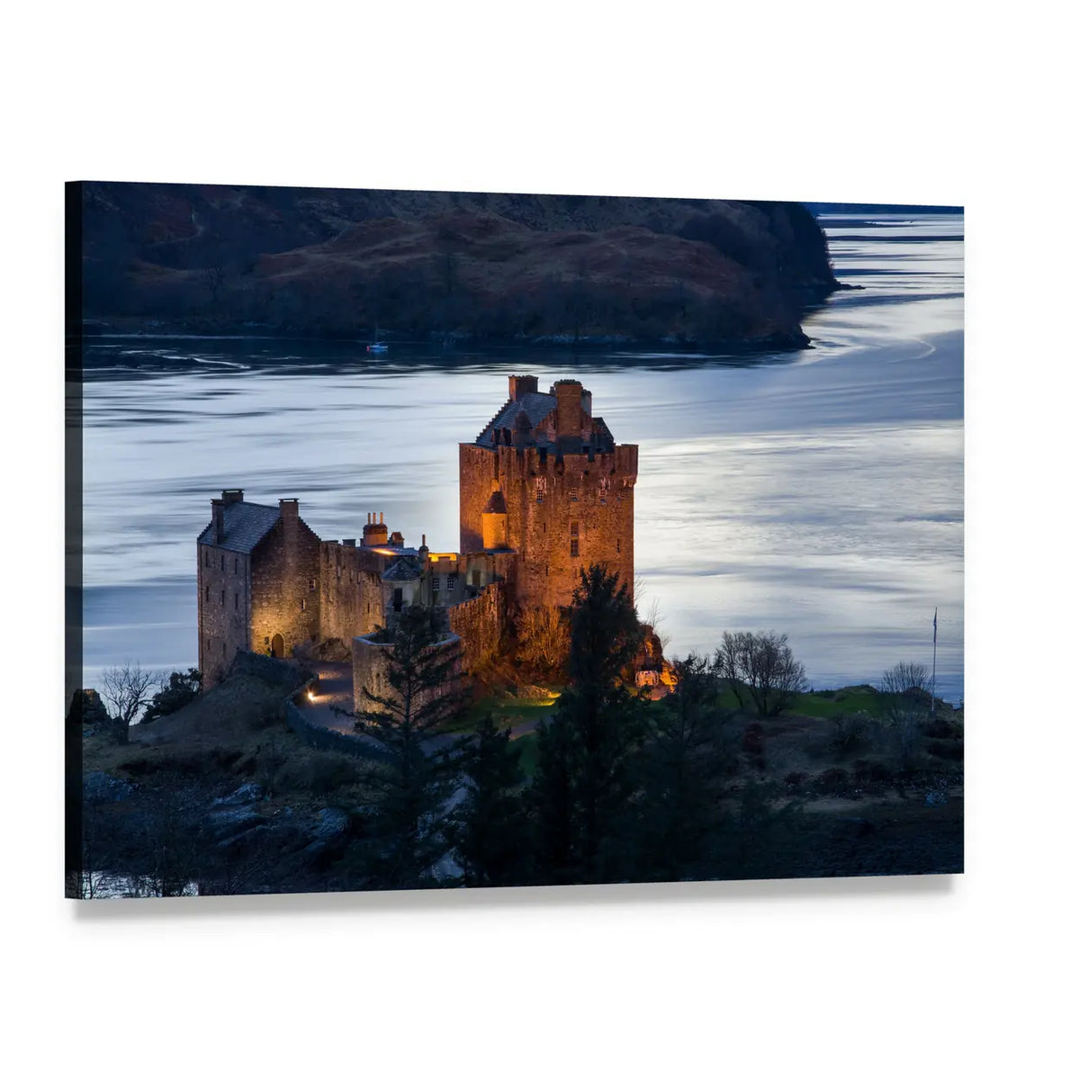 Eilean Donan Castle at Dusk Canvas Wall Art, single panel gallery wrapped canvas, angled product view