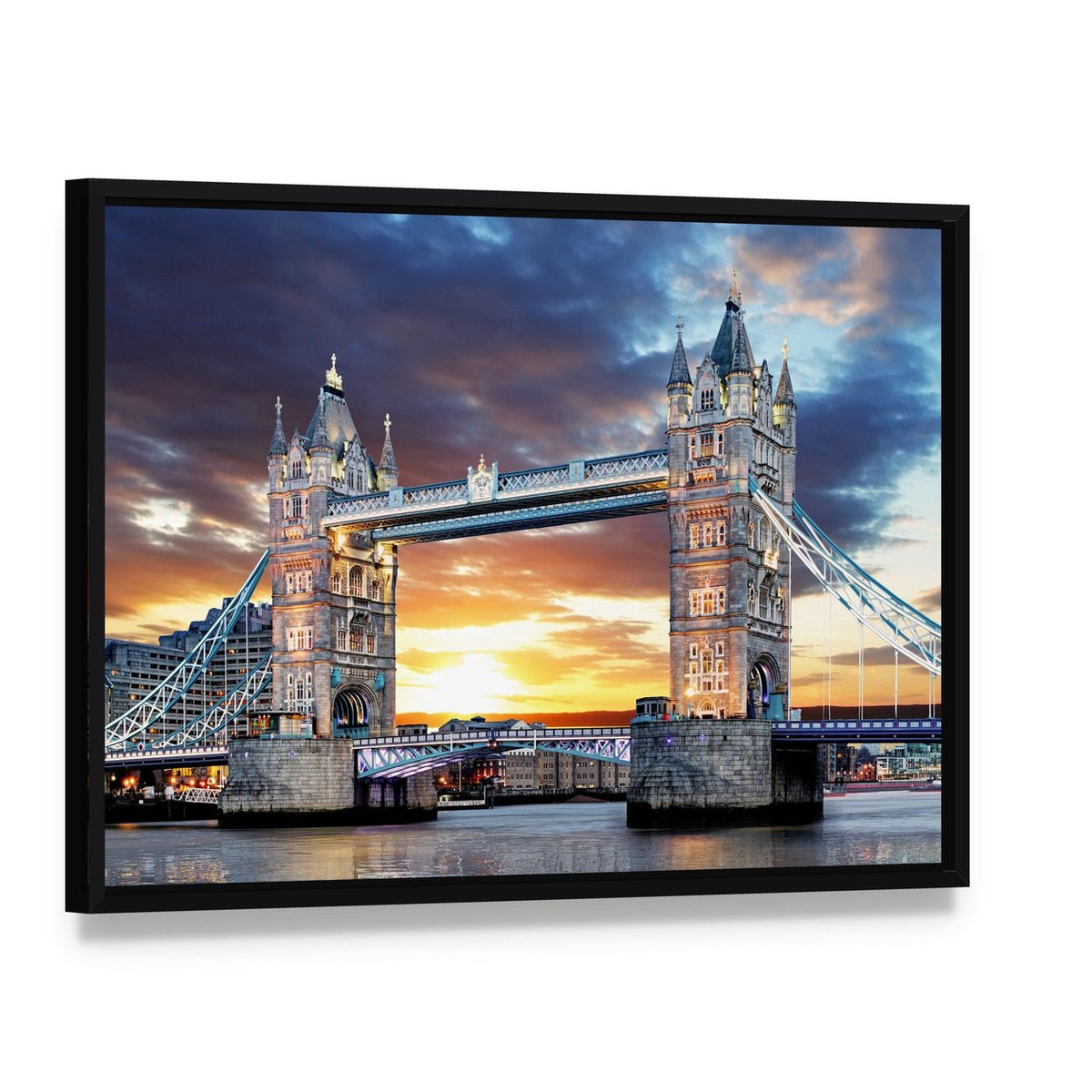 Tower Bridge Sunset Canvas Wall Art, framed canvas in a black floater frame, angled product view