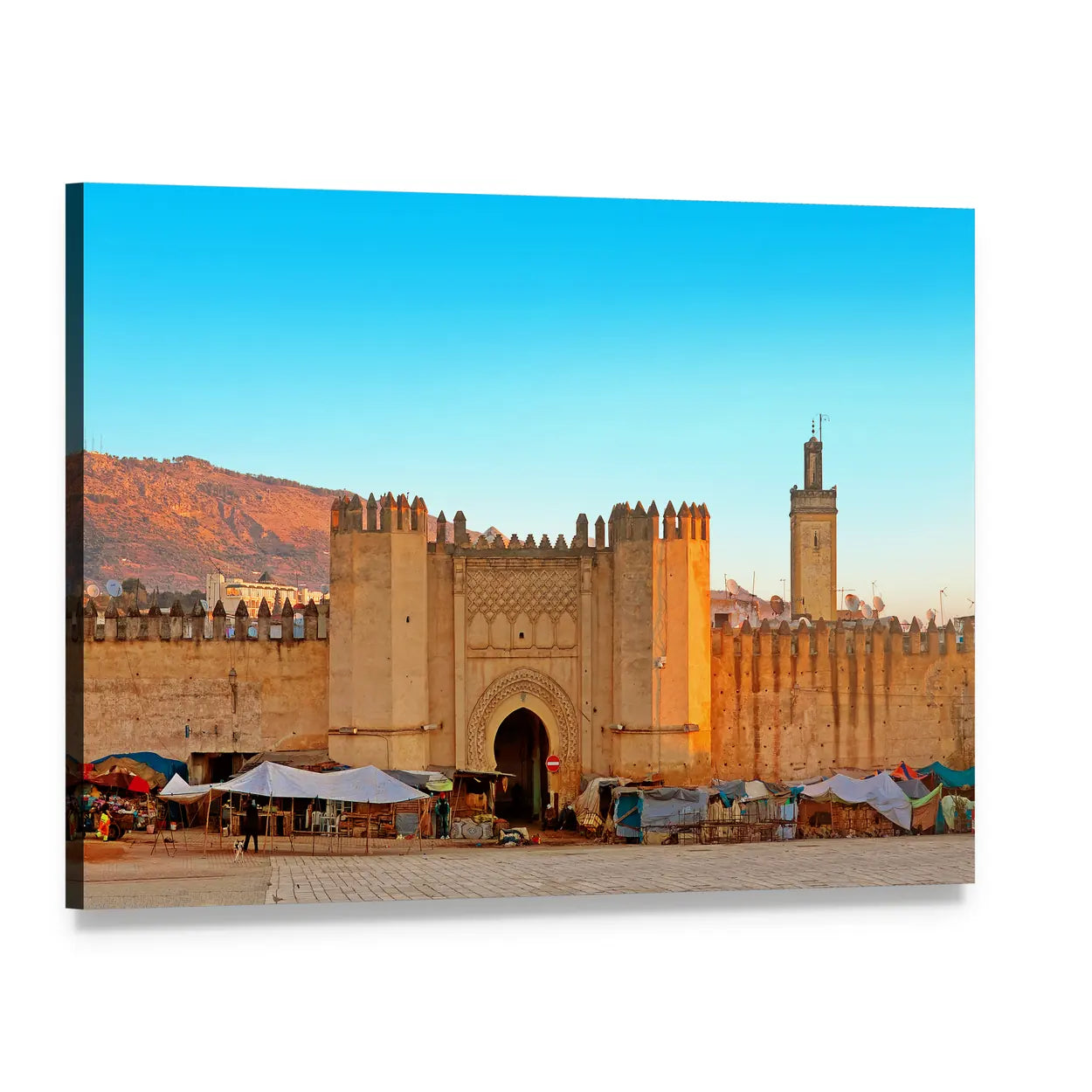 Gate to the Ancient Medina of Fez Canvas Wall Art, single panel gallery wrapped canvas, angled product view