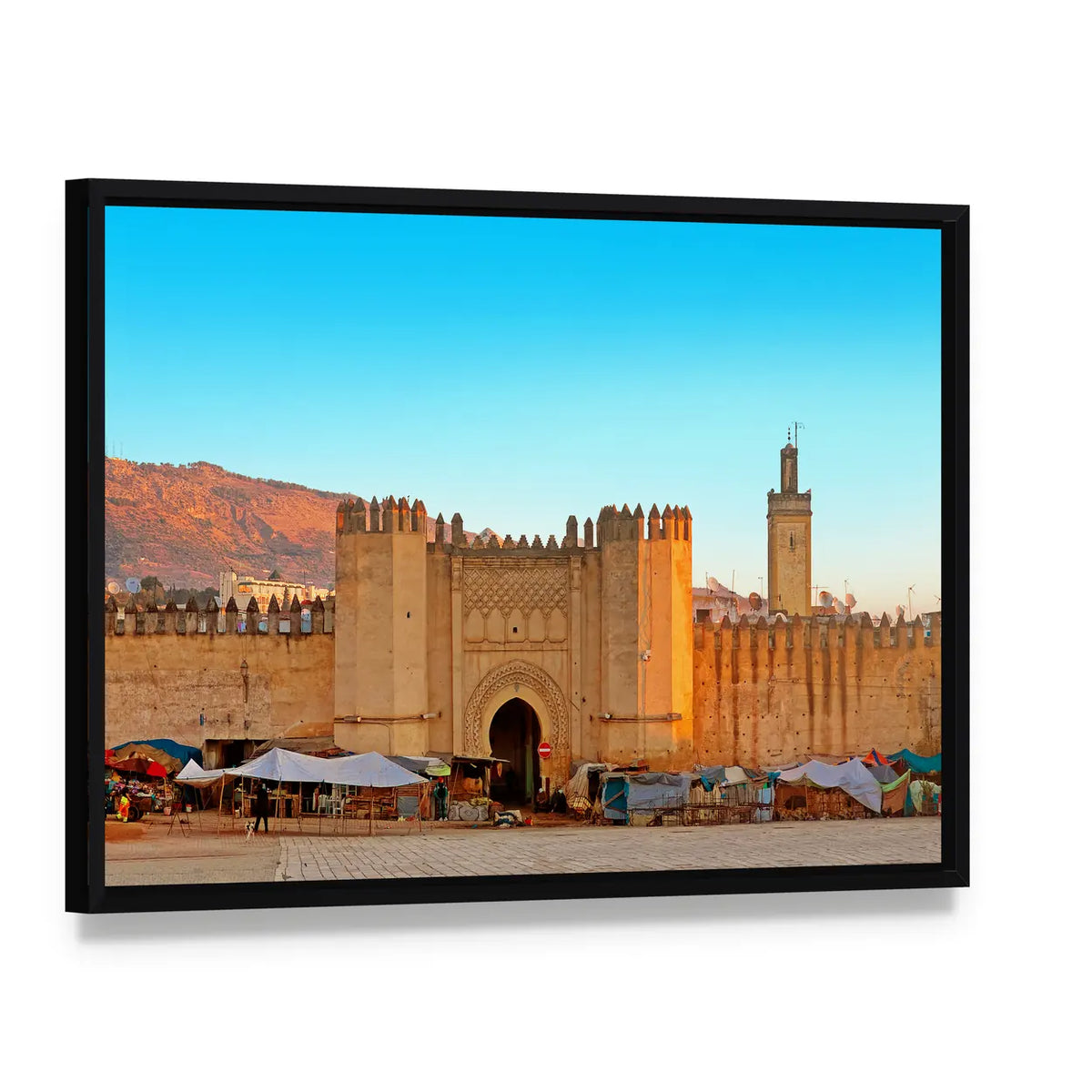 Gate to the Ancient Medina of Fez Canvas Wall Art, framed canvas in a black floater frame, angled product view