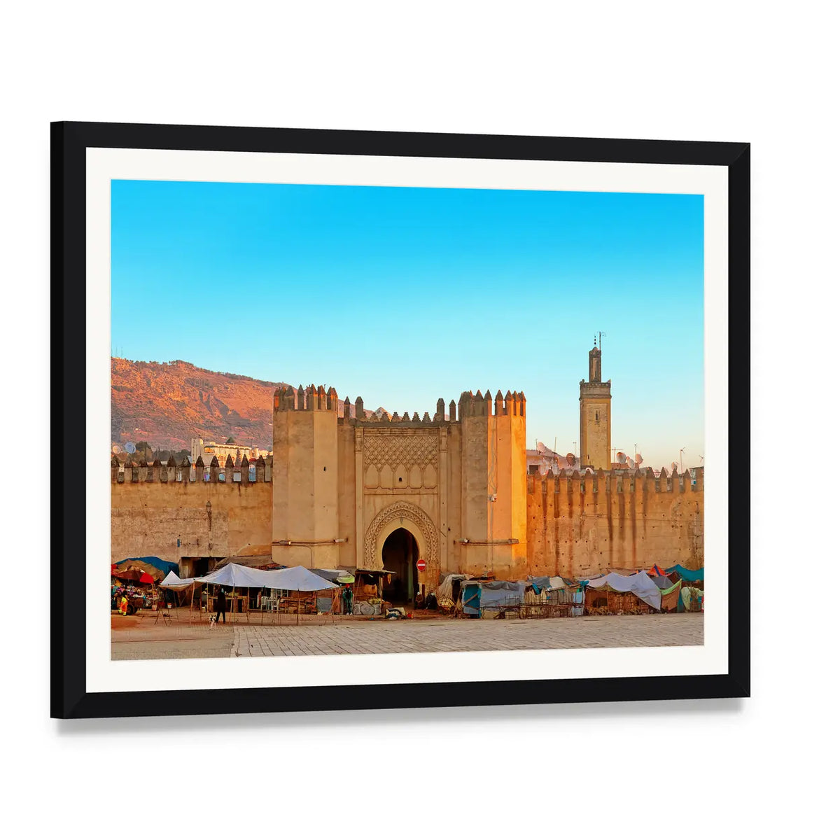 Gate to the Ancient Medina of Fez Canvas Wall Art, framed print with white mat and black frame, angled product view