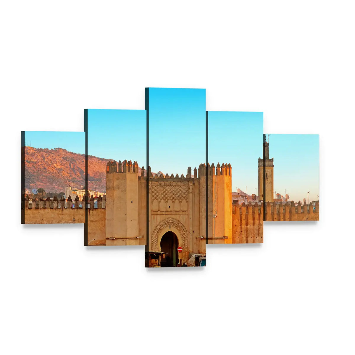 Gate to the Ancient Medina of Fez Canvas Wall Art, 5 panel 5 Star layout gallery wrapped canvas set, angled product view