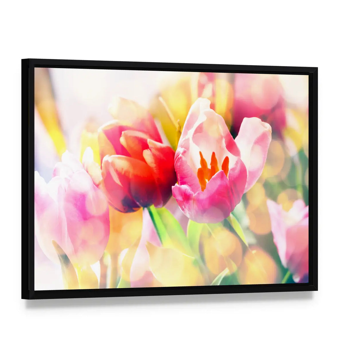 Colorful Spring Tulips Canvas Wall Art, framed canvas in a black floater frame, angled product view