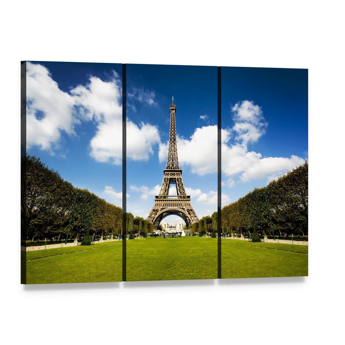 Eiffel Tower Paris Canvas Wall Art, 3 panel 3 Horizontal layout gallery wrapped canvas set, angled product view