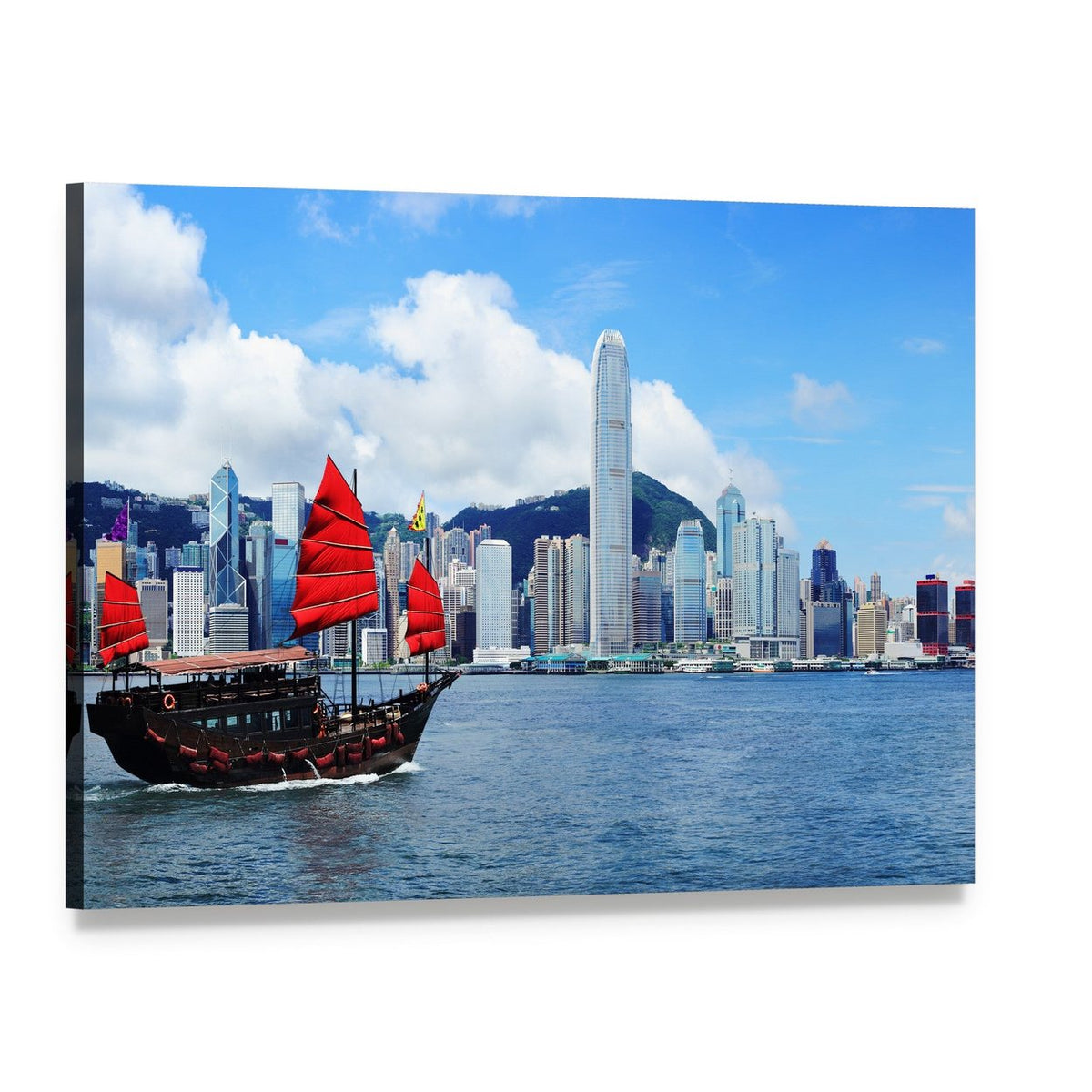 Sailing Junk Boat in Hong Kong Harbour Canvas Wall Art, single panel gallery wrapped canvas, angled product view