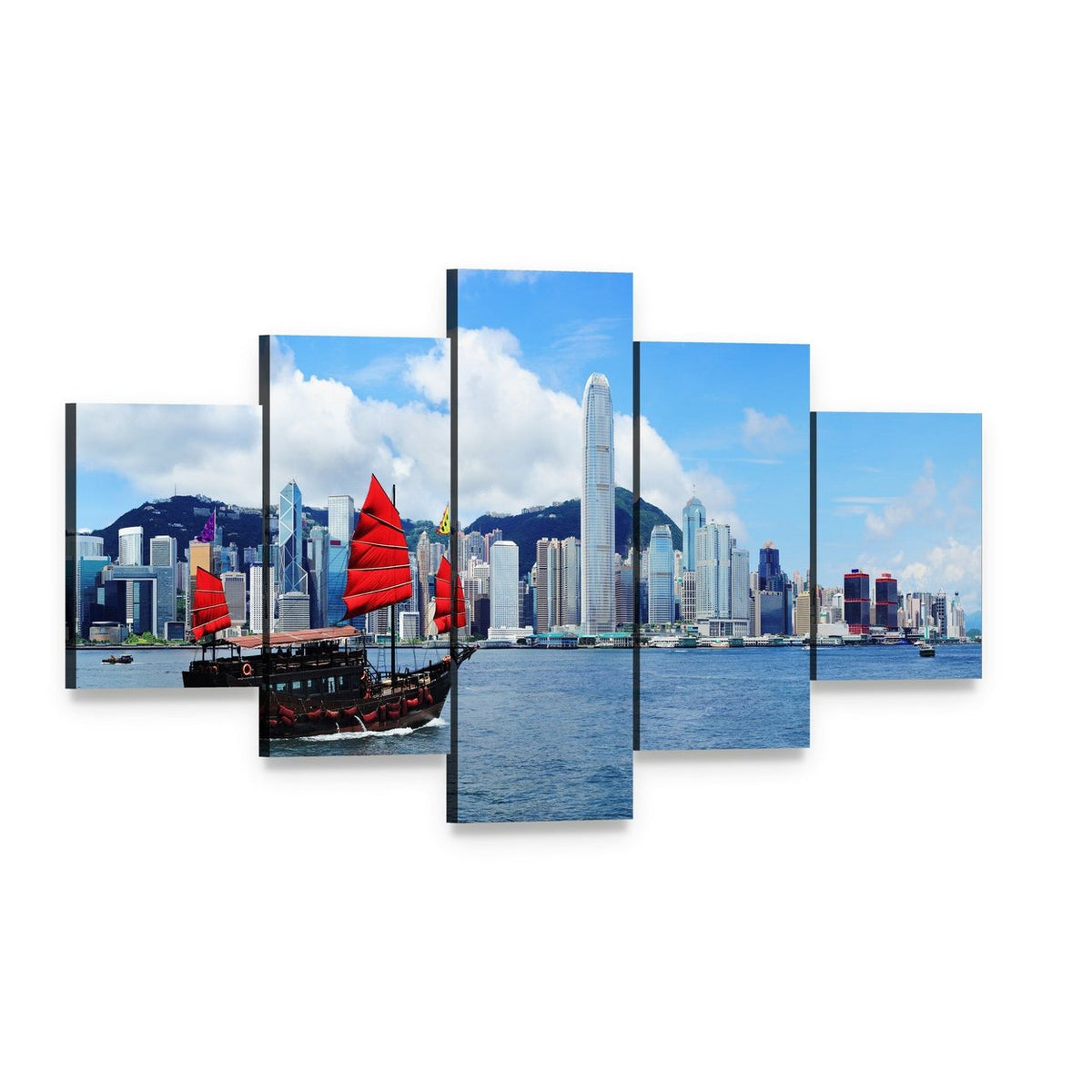 Sailing Junk Boat in Hong Kong Harbour Canvas Wall Art, 5 panel 5 Star layout gallery wrapped canvas set, angled product view