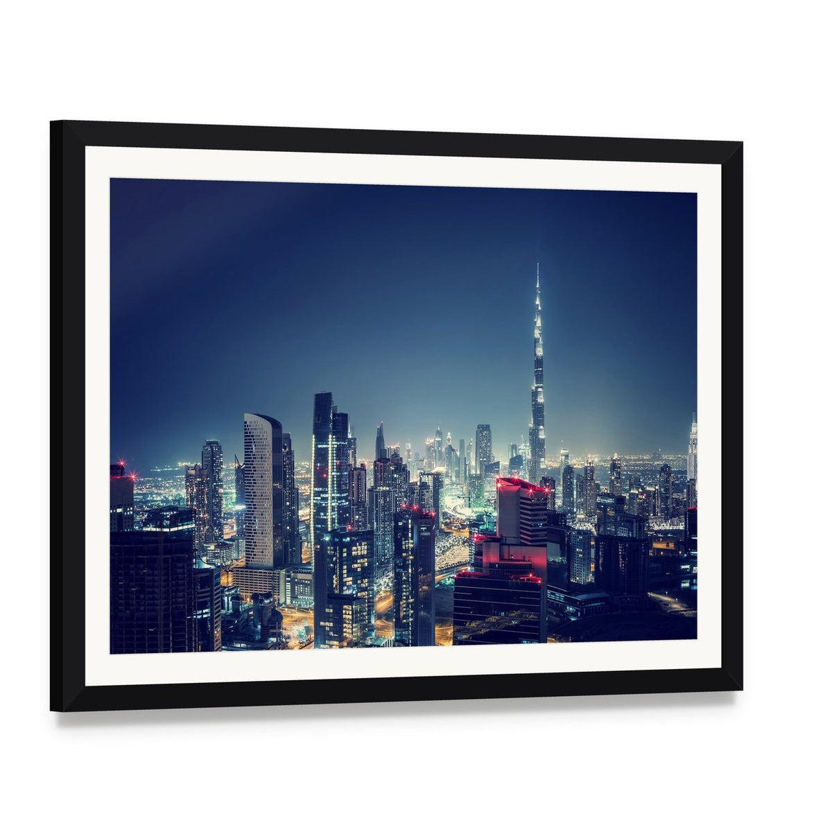 Dubai Cityscape Canvas Wall Art, framed print with white mat and black frame, angled product view